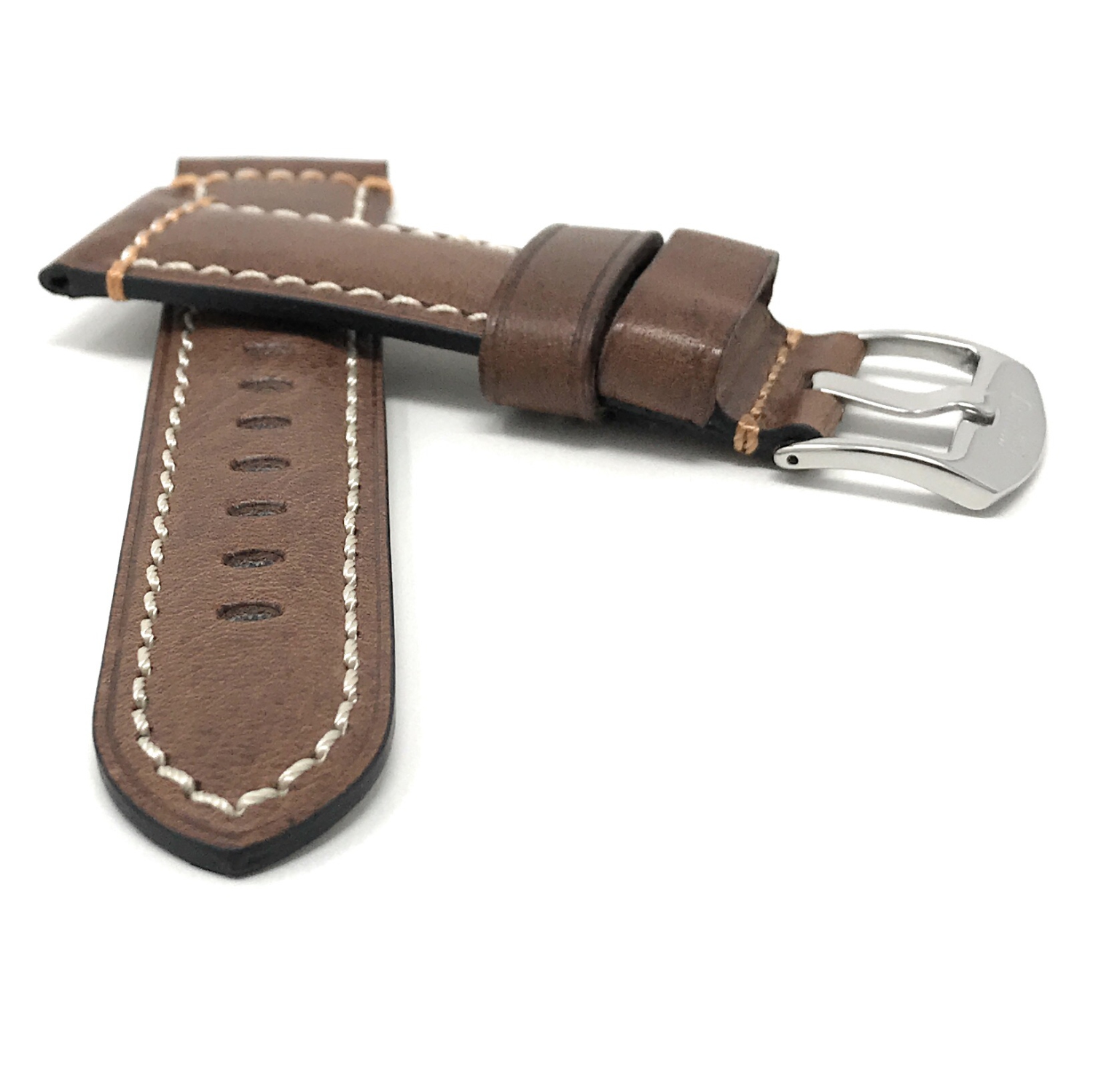 Bandini Dressy Mens Leather Smart Watch Band Strap Double Stitch For Skagen Falster 2 and 3, Jorn - 22mm, Brown / Silver Buckle