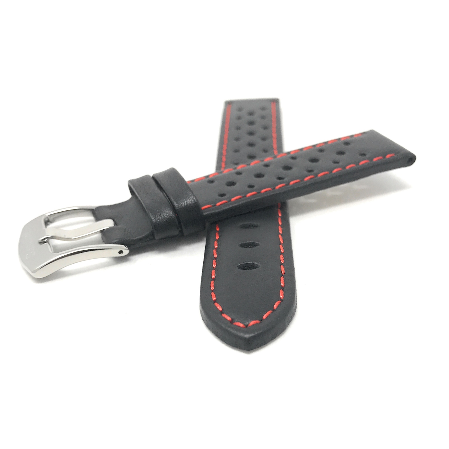 Bandini Mens Perforated Leather Rally Strap Smart Watch Band Strap For Mobvoi Ticwatch E, E3, C2 - 20mm, Black / Red / Silver Buckle