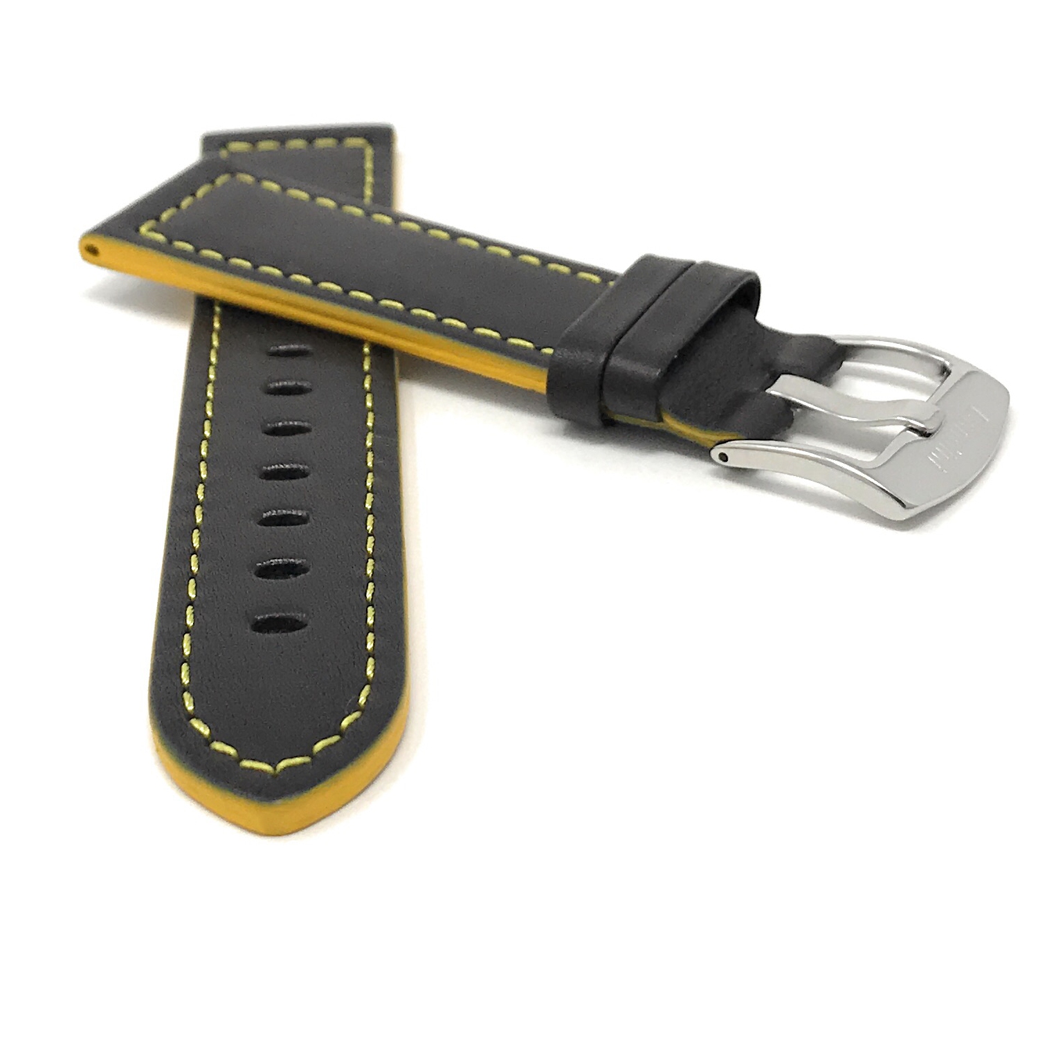 Bandini Mens Thick Two-Tone Leather Racing Smart Watch Band Strap For Michael Kors MKGO - 20mm, Black / Yellow / Silver Buckle