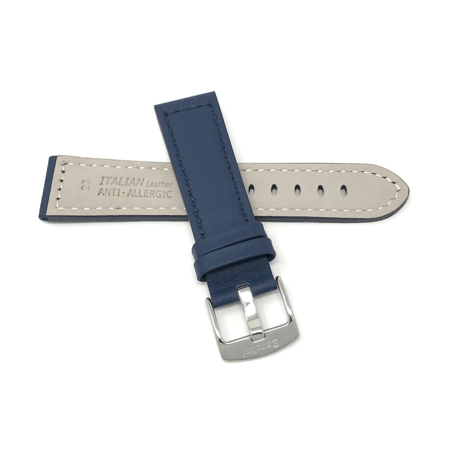 Bandini Thick Racer Style Mens Leather Smart Watch Band Strap For Garmin Forerunner, Vivoactive 4 - 22mm, Blue / Silver Buckle