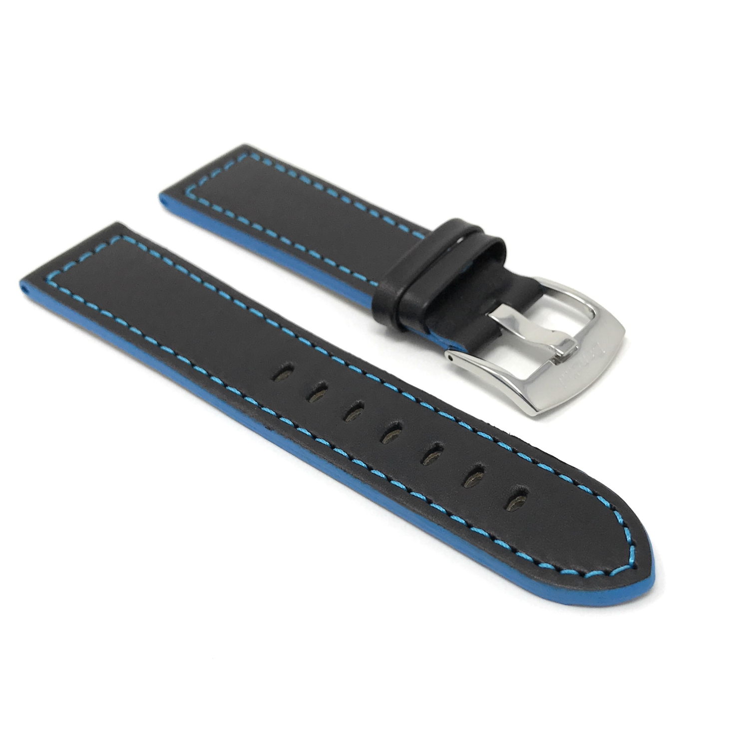 Bandini Mens Thick Two-Tone Leather Racing Smart Watch Band Strap For Fossil Gen 6, Hybird HR Scarlette, Chartier - 18mm, Black / Blue / Silver Buckle