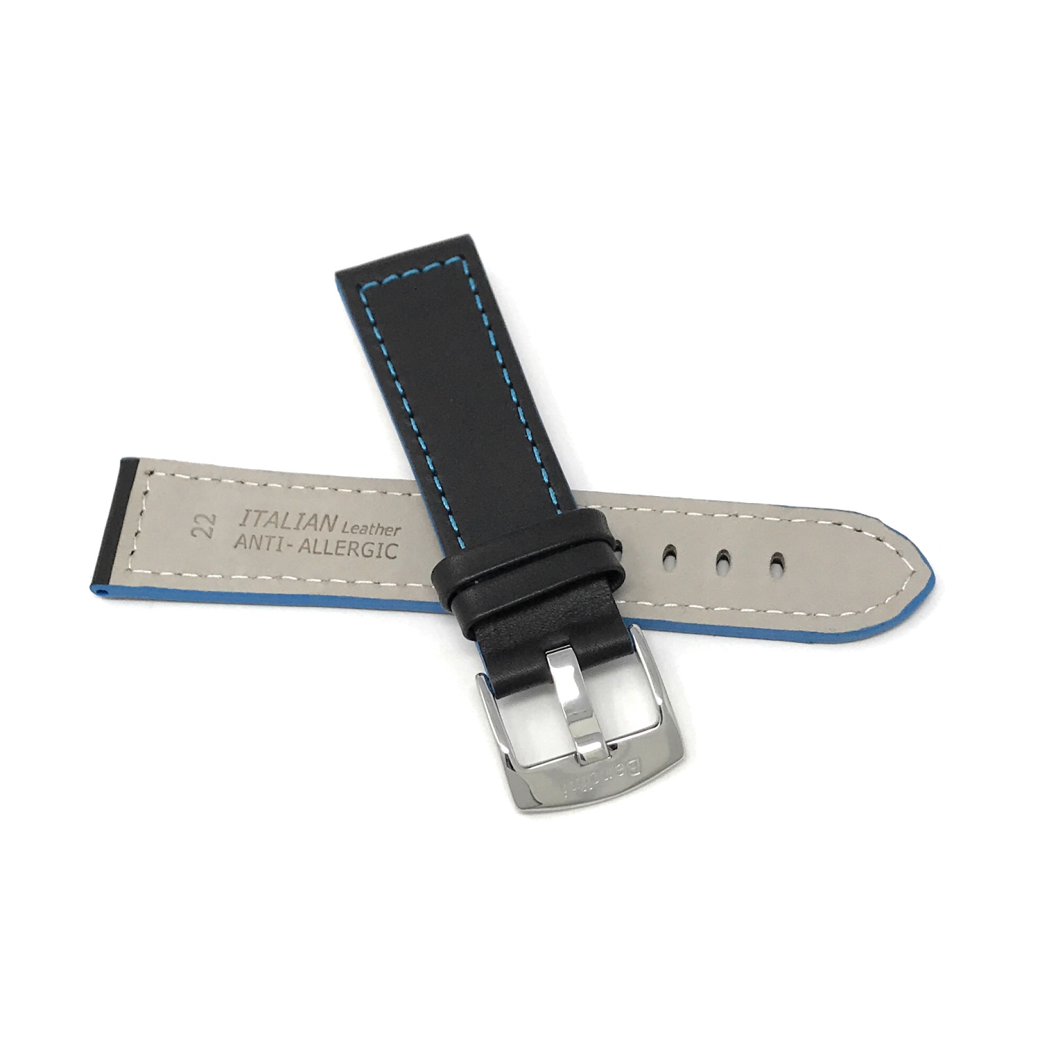 Bandini Mens Thick Two-Tone Leather Racing Smart Watch Band Strap For Fossil Gen 6, Hybird HR Scarlette, Chartier - 18mm, Black / Blue / Silver Buckle