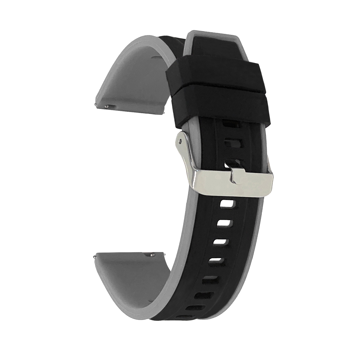 Bandini Quick Release Two-Tone Rubber Silicone Smart Watch Strap For Amazfit Bip, U, S, Lite, GTR 42mm, GTS - 20mm, Black / Grey / Silver Buckle