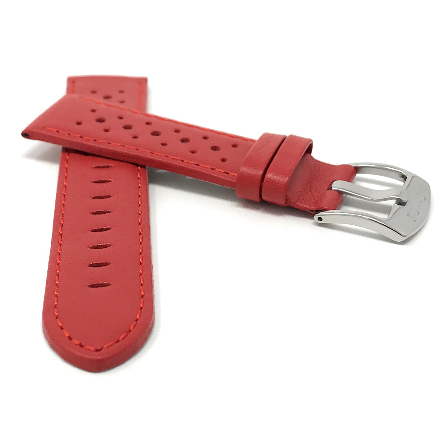 Bandini Mens Perforated Leather Rally Strap Smart Watch Band Strap For Sunnto 9, Suunto 7 - 22mm, Red / Silver Buckle
