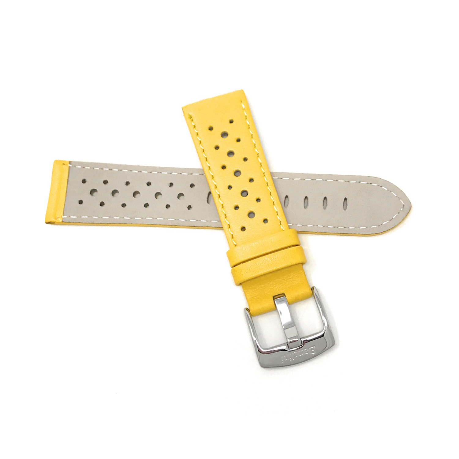 Bandini Mens Perforated Leather Rally Strap Smart Watch Band Strap For Moto360 Gen 3 - 22mm, Yellow / Silver Buckle