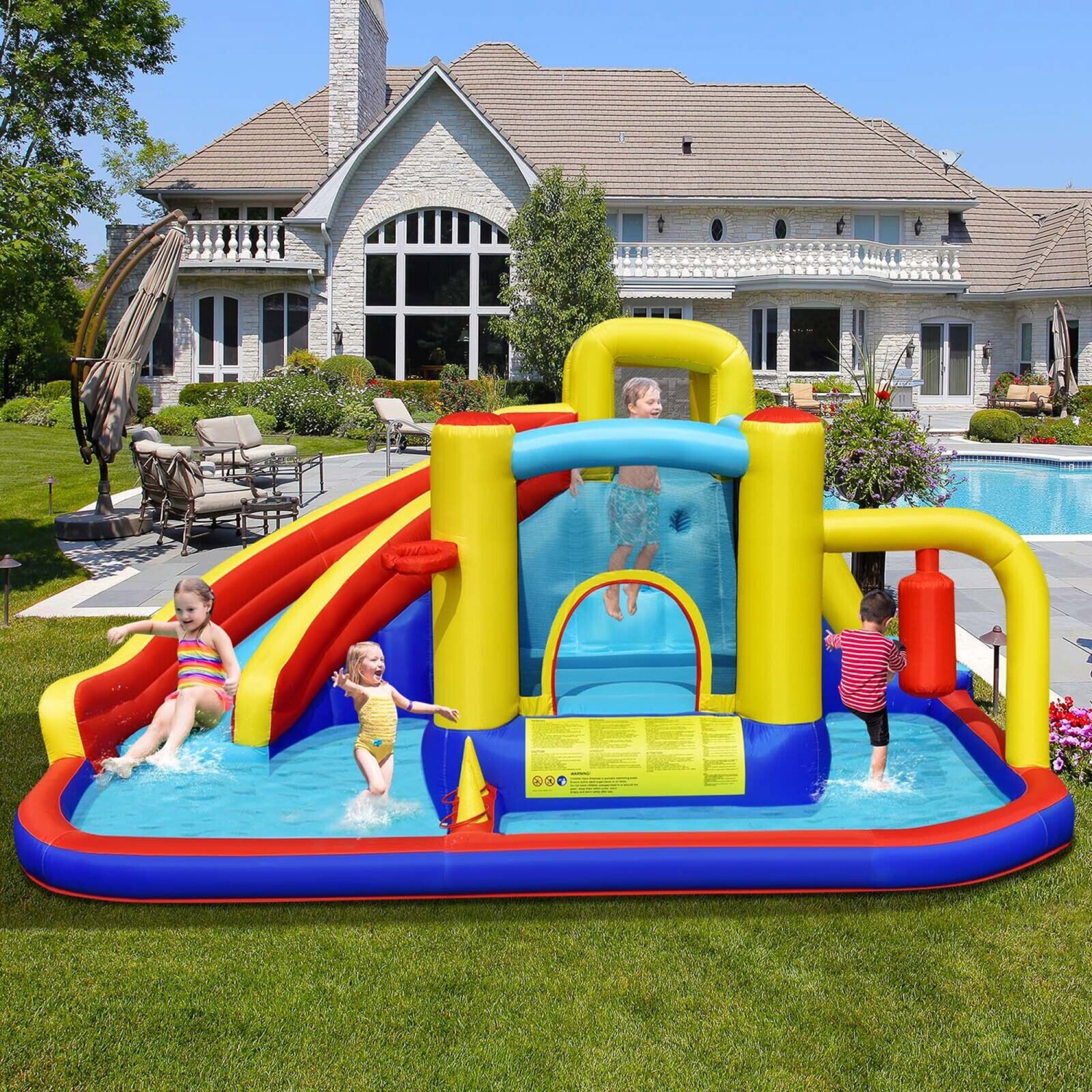 Gymax 7-in-1 Inflatable Water Slide Water Park Kids Bounce Castle Without Air Blower