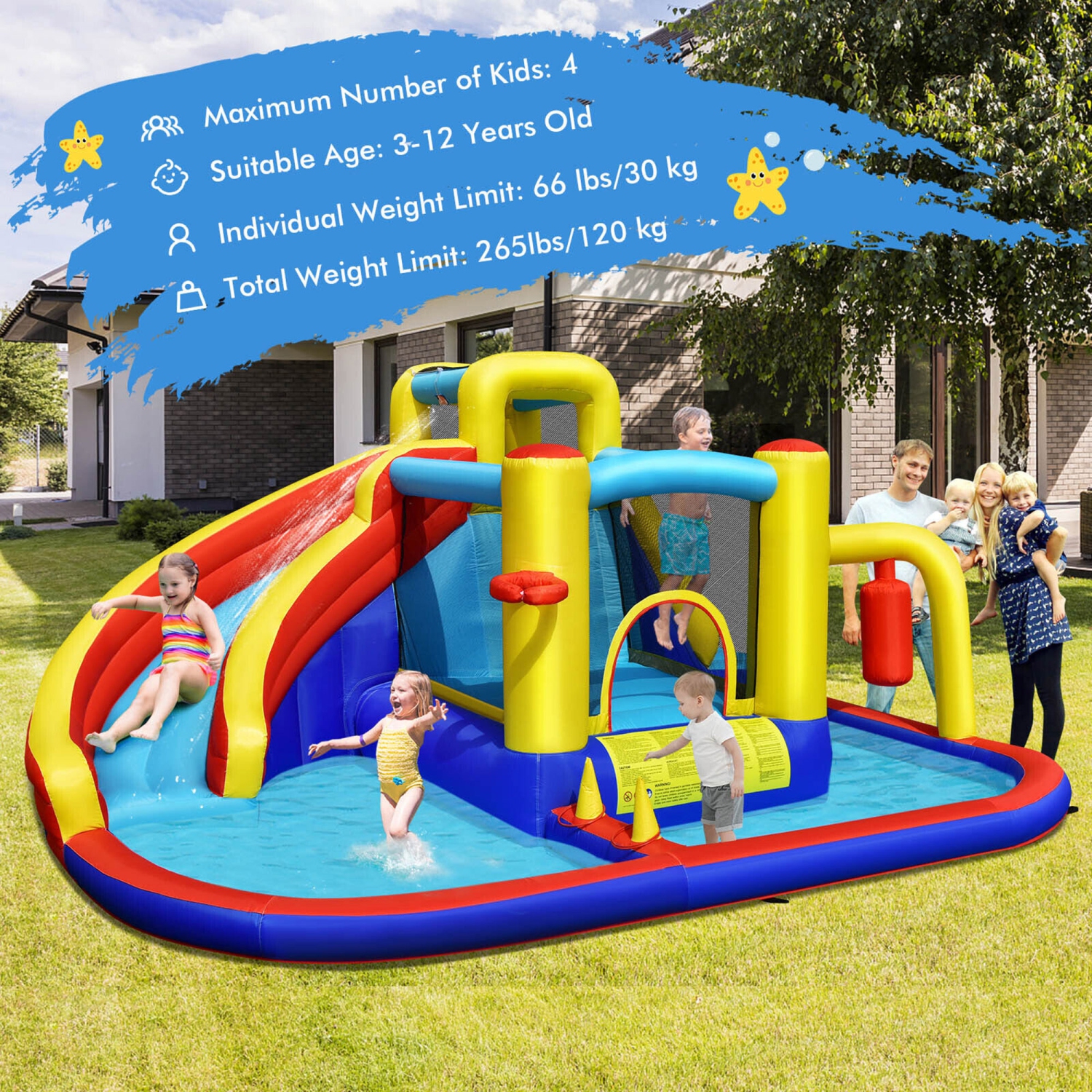Gymax 7-in-1 Inflatable Water Slide Water Park Kids Bounce Castle Without Air Blower