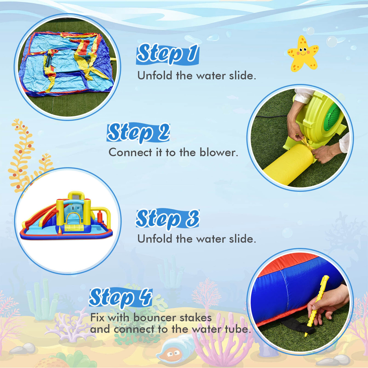 Gymax 7-in-1 Inflatable Water Slide Water Park Kids Bounce Castle With 735W Air Blower