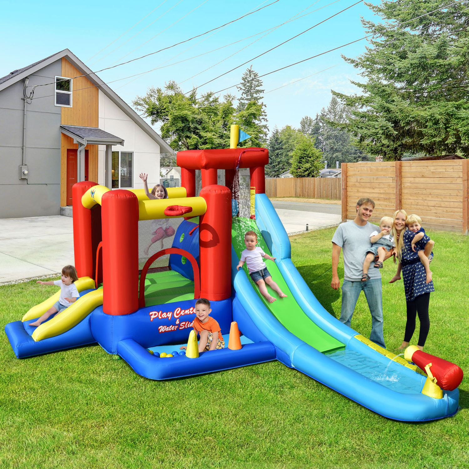 Gymax Kids Inflatable Bounce House Castle 9 in 1 Water Slide Park Without Blower