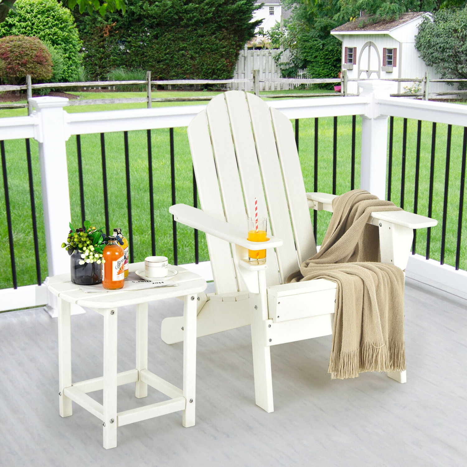 Gymax 3PC Patio Folding Adirondack Chair Side Table Cup Holder Poolside White