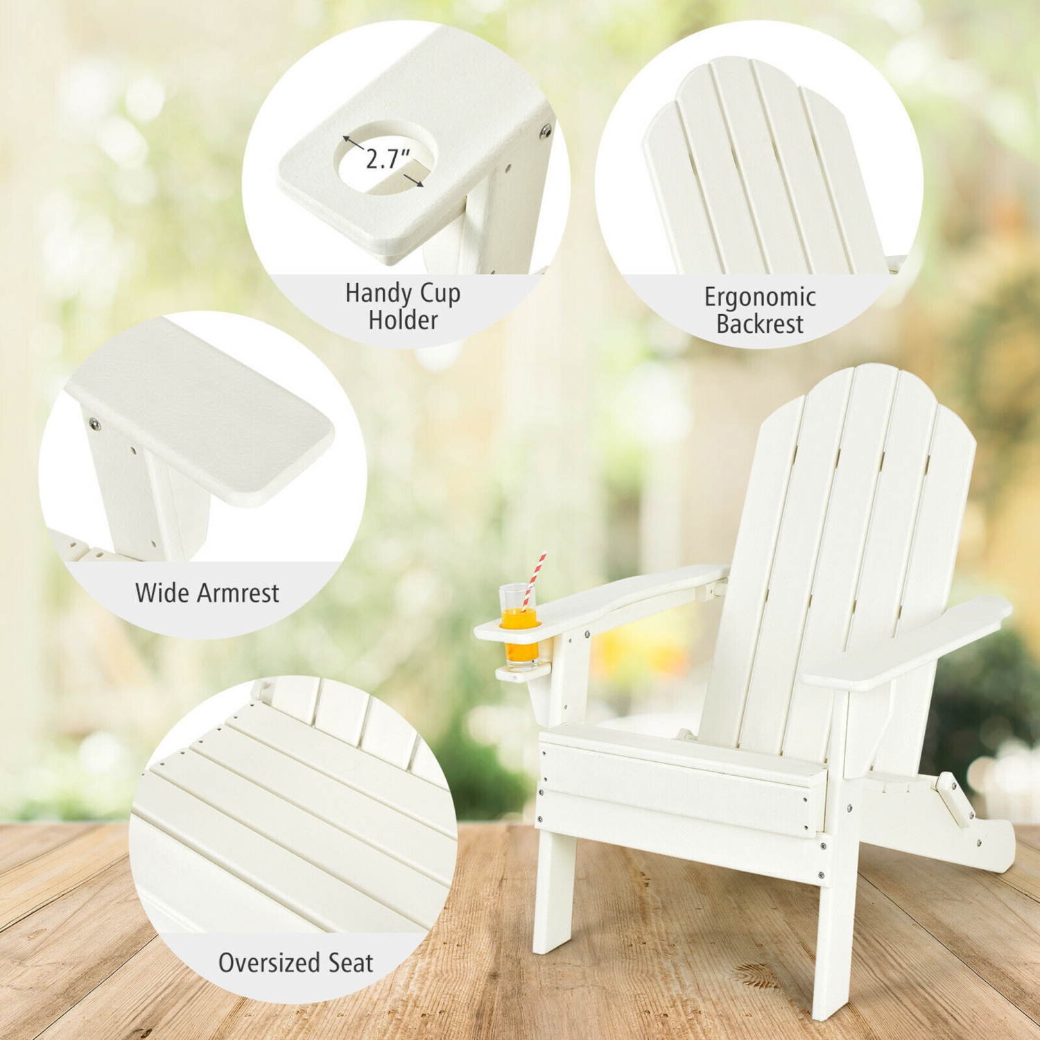 Gymax 3PC Patio Folding Adirondack Chair Side Table Cup Holder Poolside White