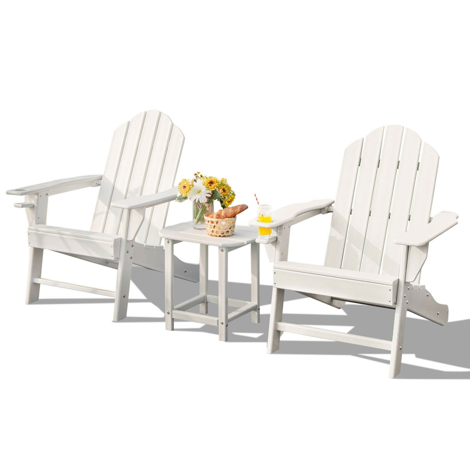 Gymax 3PC Patio Folding Adirondack Chair Side Table Cup Holder Poolside White