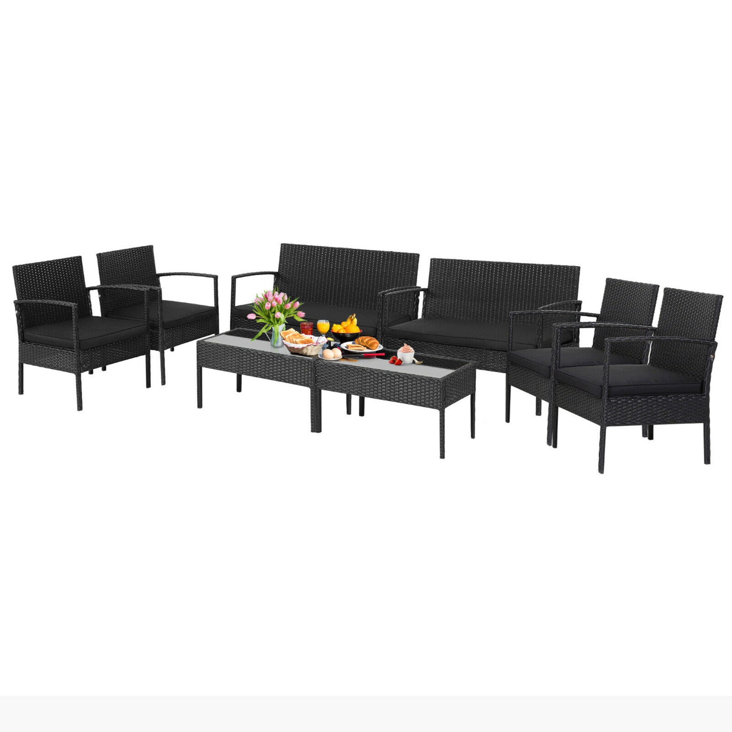 Gymax 8PCS Rattan Patio Conversation Set Outdoor Wicker Furniture Set w/ Cushions