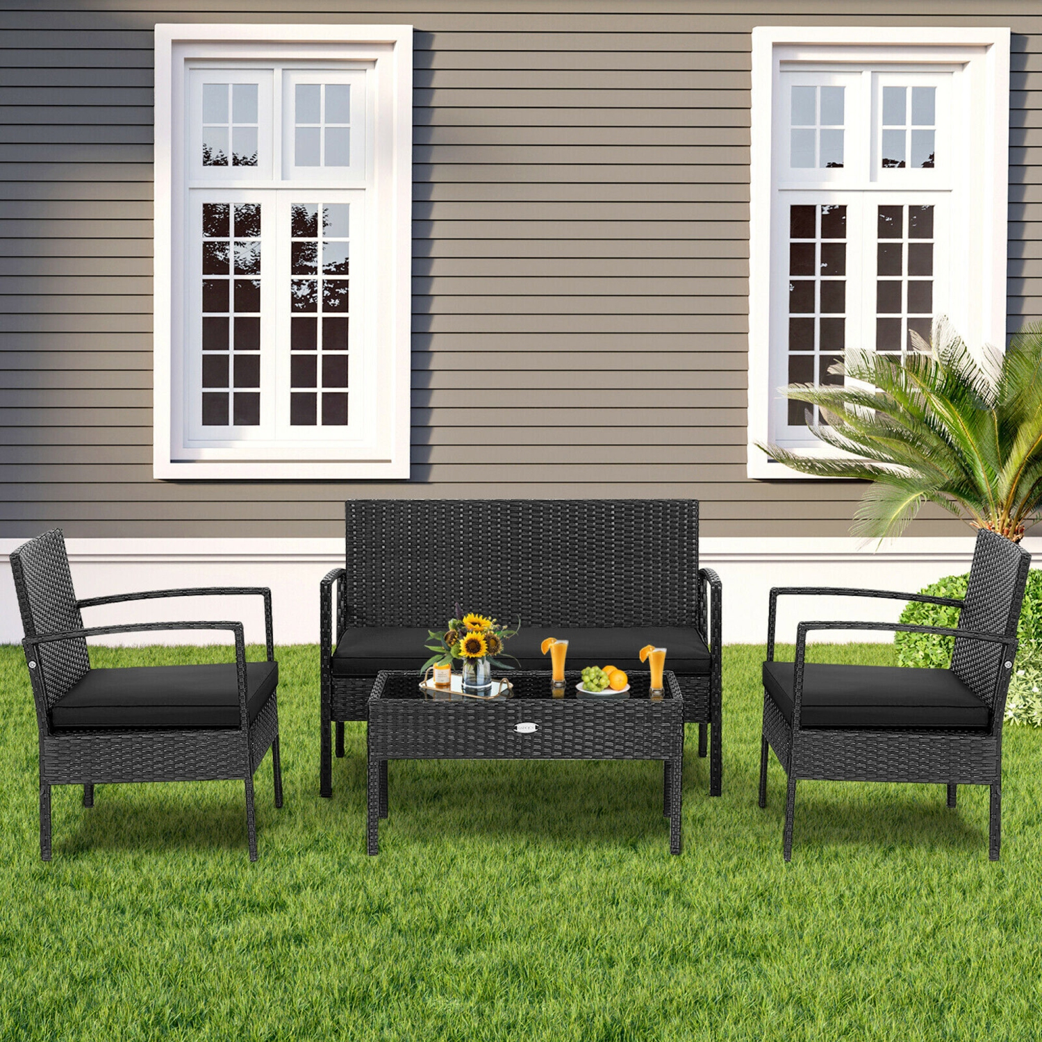 Gymax 8PCS Rattan Patio Conversation Set Outdoor Wicker Furniture Set w/ Cushions
