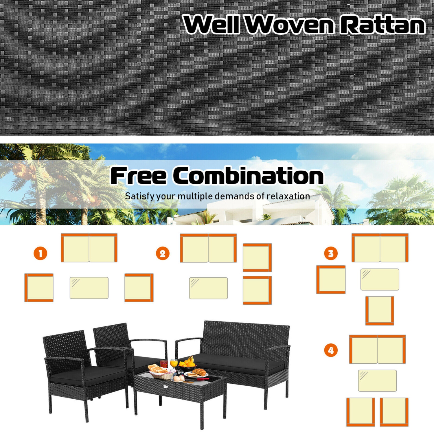 Gymax 8PCS Rattan Patio Conversation Set Outdoor Wicker Furniture Set w/ Cushions
