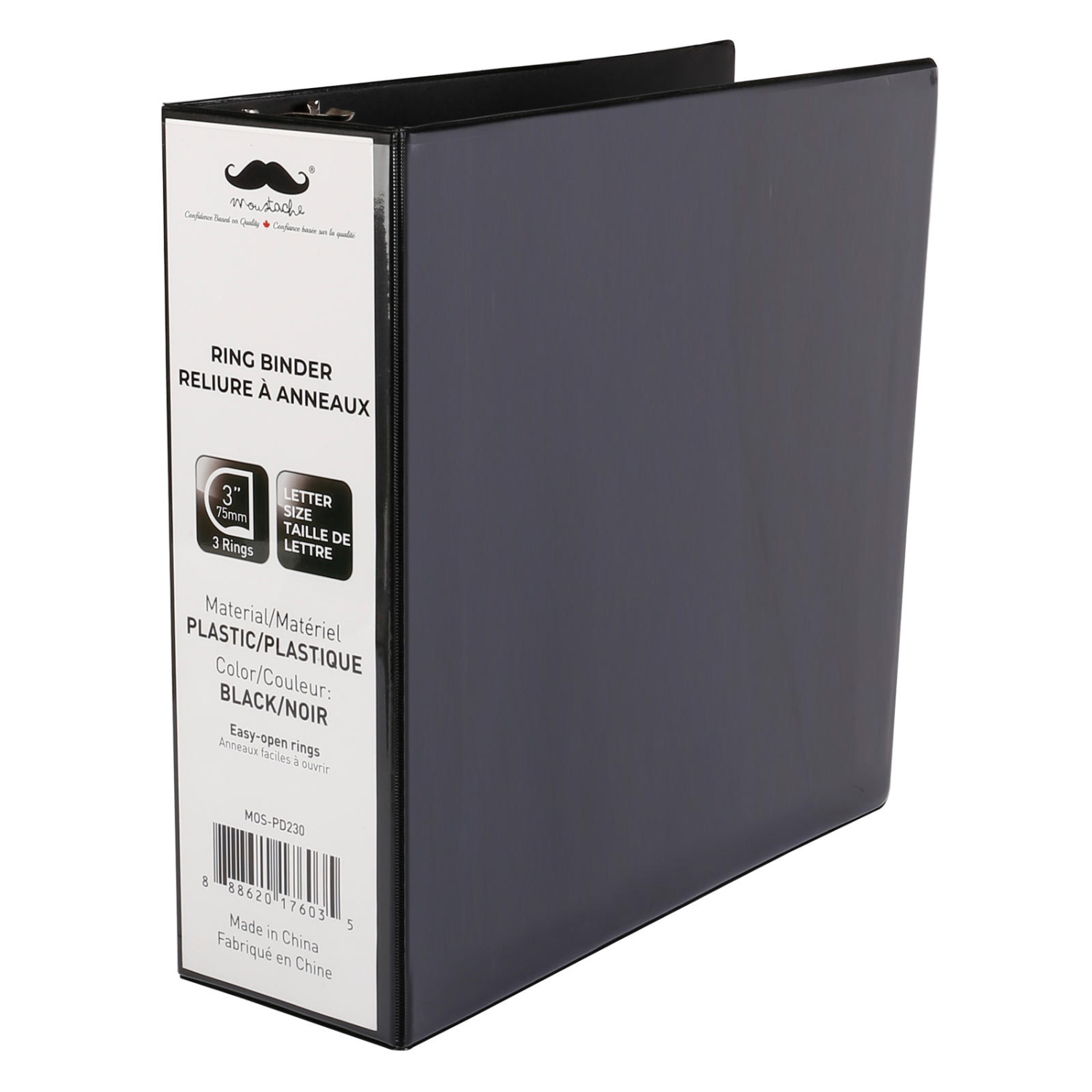 Classeur à anneaux en D, format lettre, conception permettant d'économiser du travail, noir, 1/paquet - Moustache® - Anneau en D de 3 po