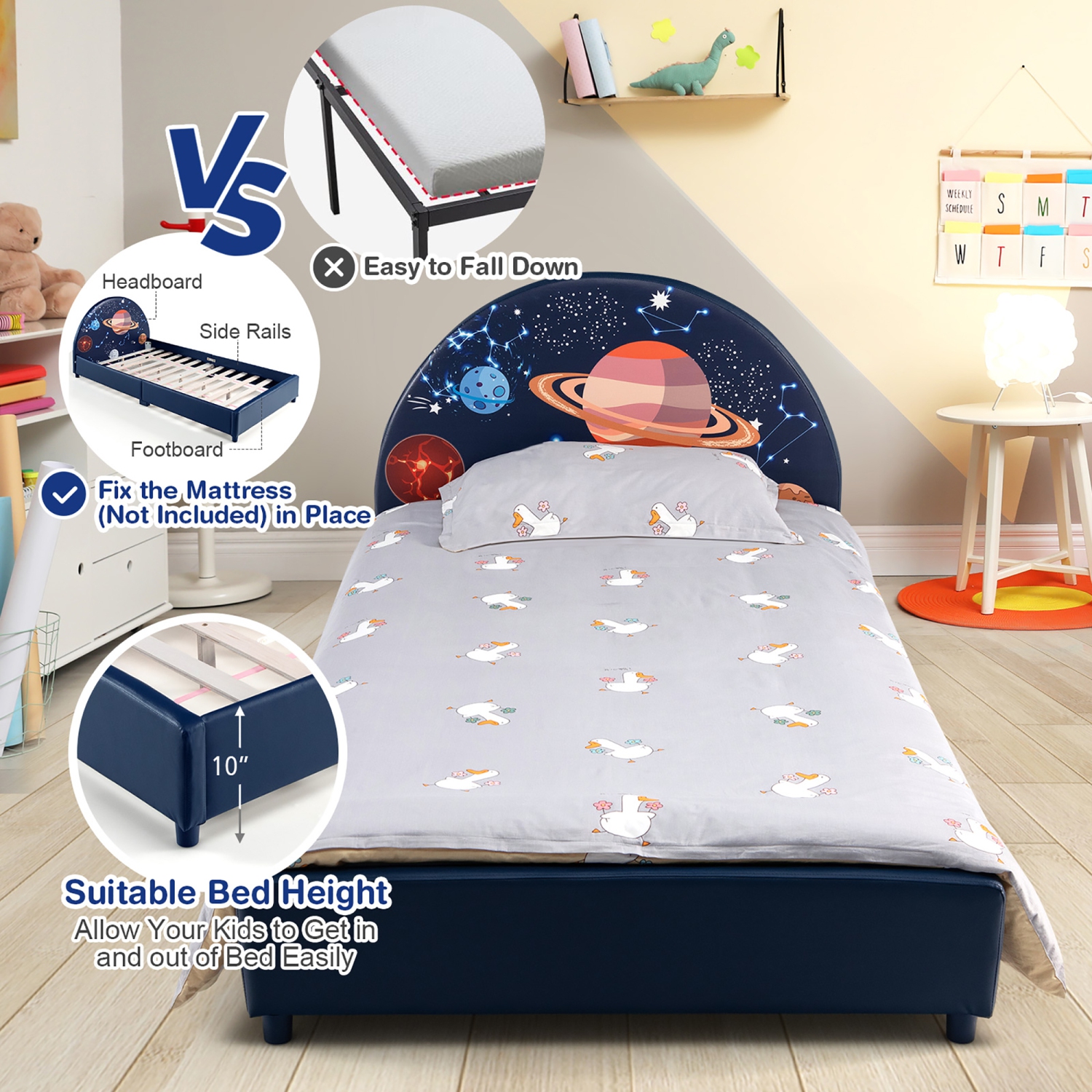 Lit plateforme recouvert pour enfants de Costway lit simple en bois motif galaxie