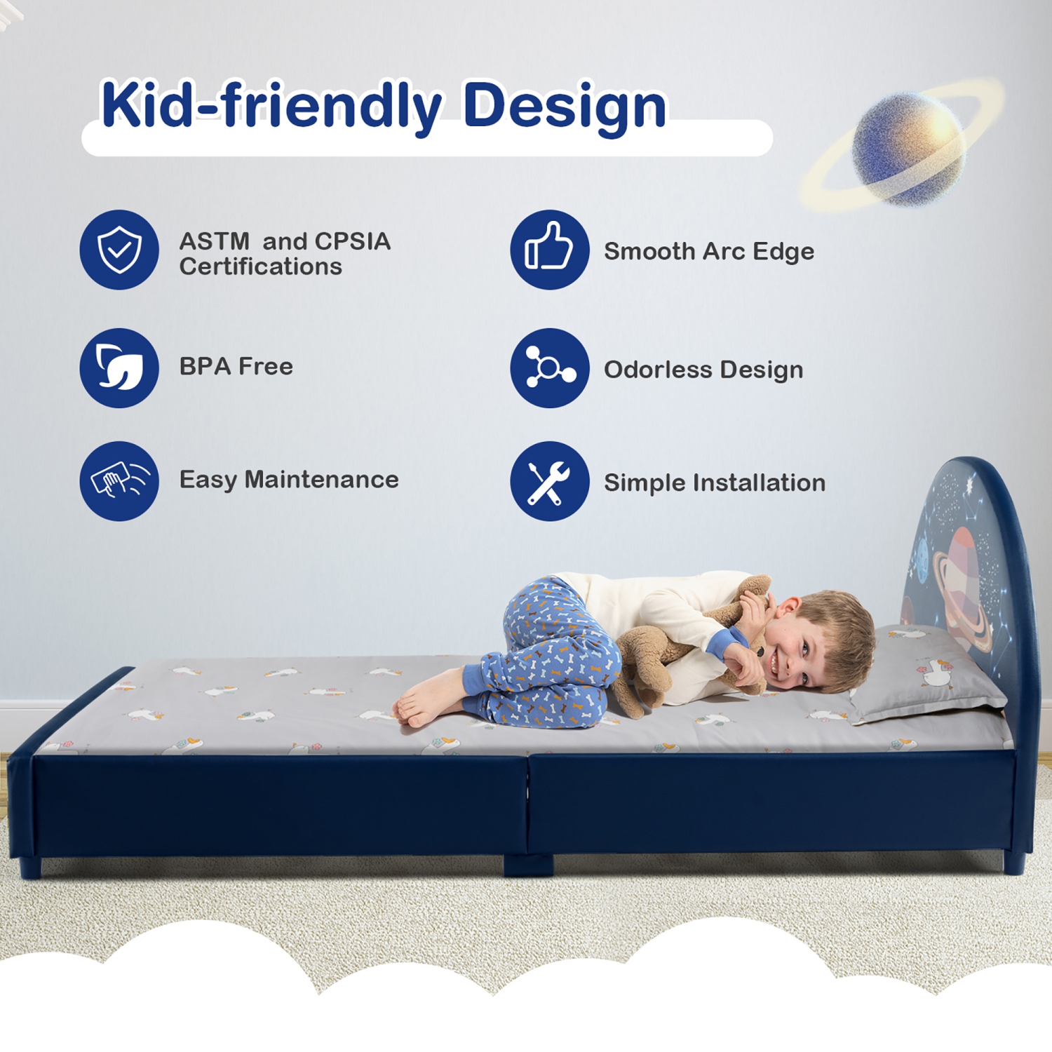 Lit plateforme recouvert pour enfants de Costway lit simple en bois motif galaxie