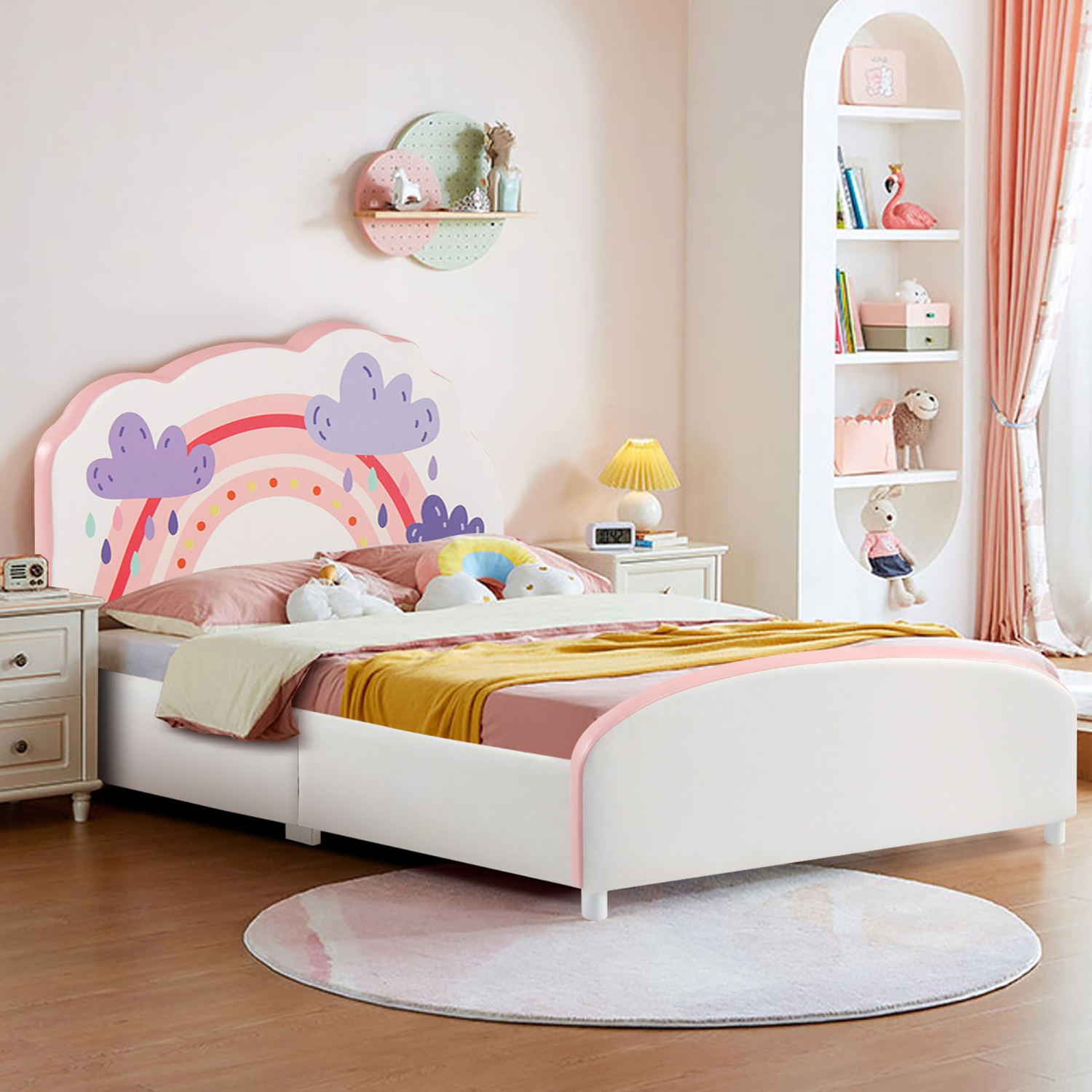 Costway Kids Upholstered Platform Bed Children Twin Size Wooden Bed Rainbow Pattern
