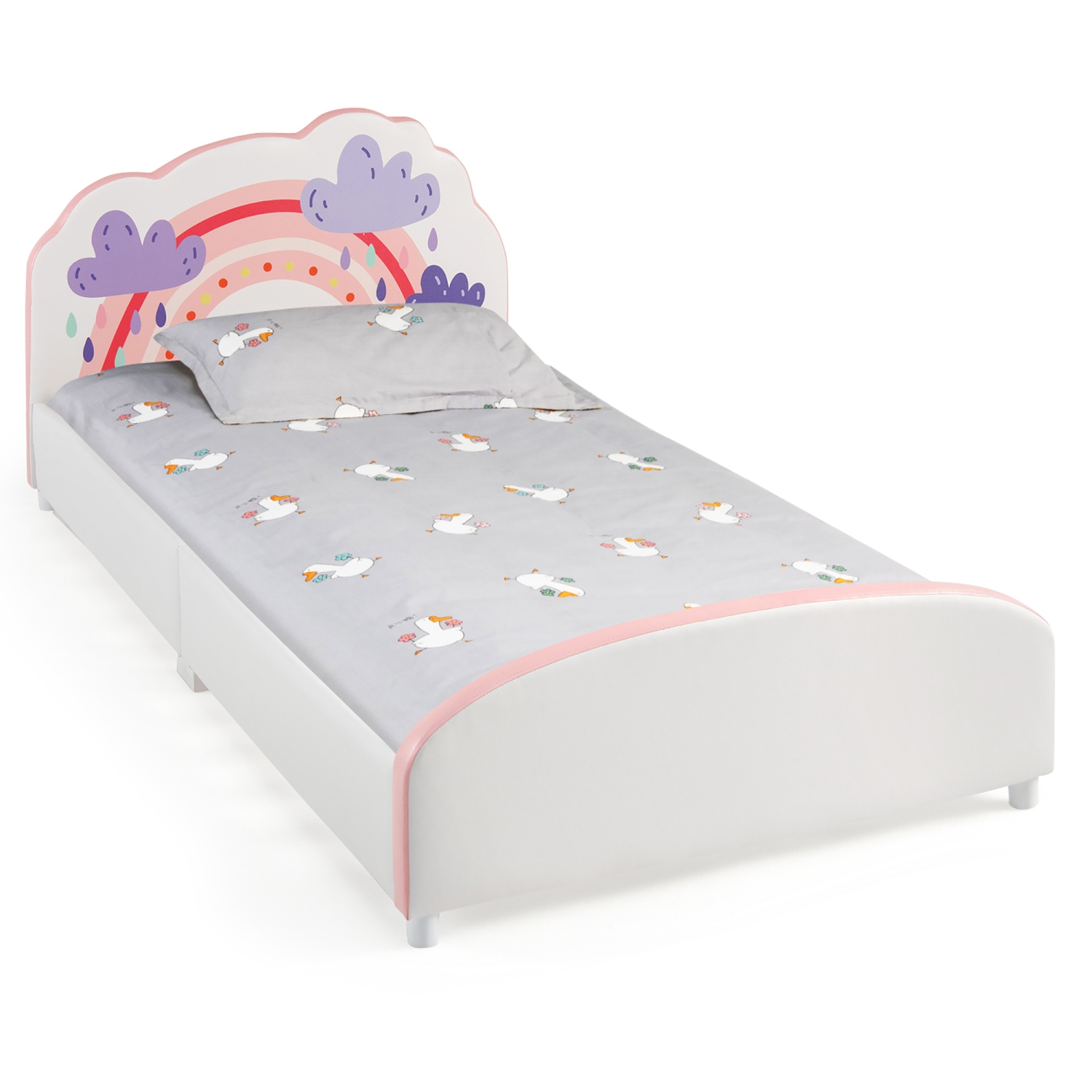 Costway Kids Upholstered Platform Bed Children Twin Size Wooden Bed Rainbow Pattern