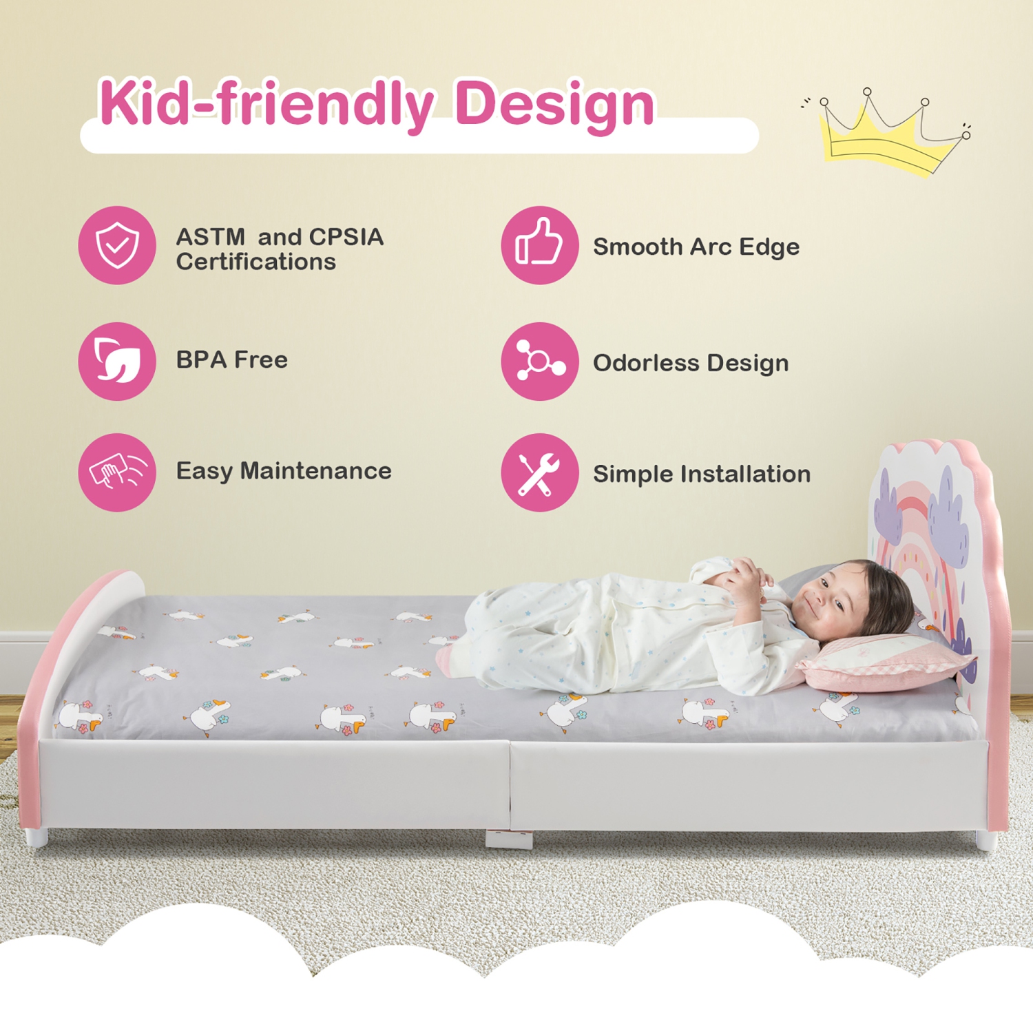 Costway Kids Upholstered Platform Bed Children Twin Size Wooden Bed Rainbow Pattern