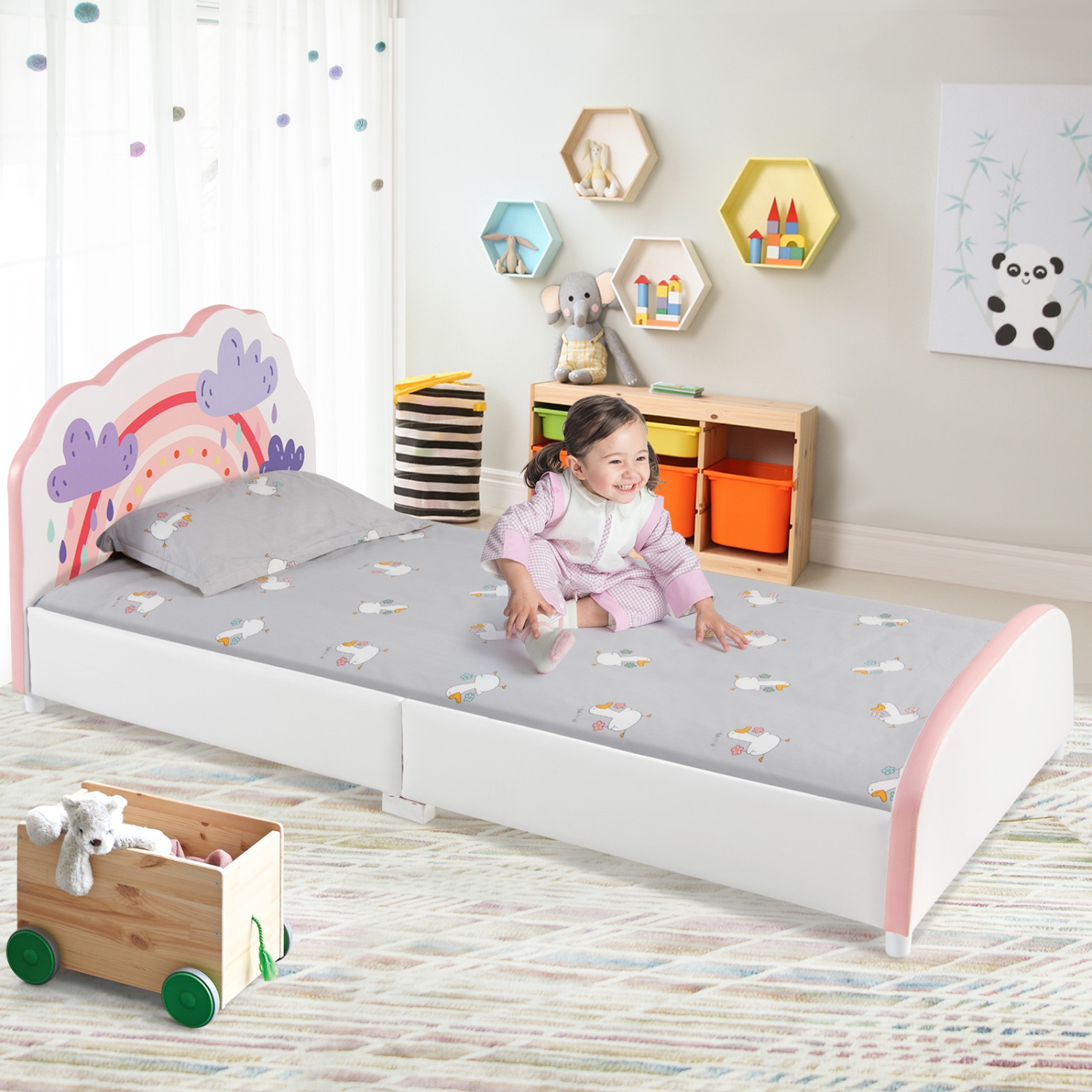 Costway Kids Upholstered Platform Bed Children Twin Size Wooden Bed Rainbow Pattern