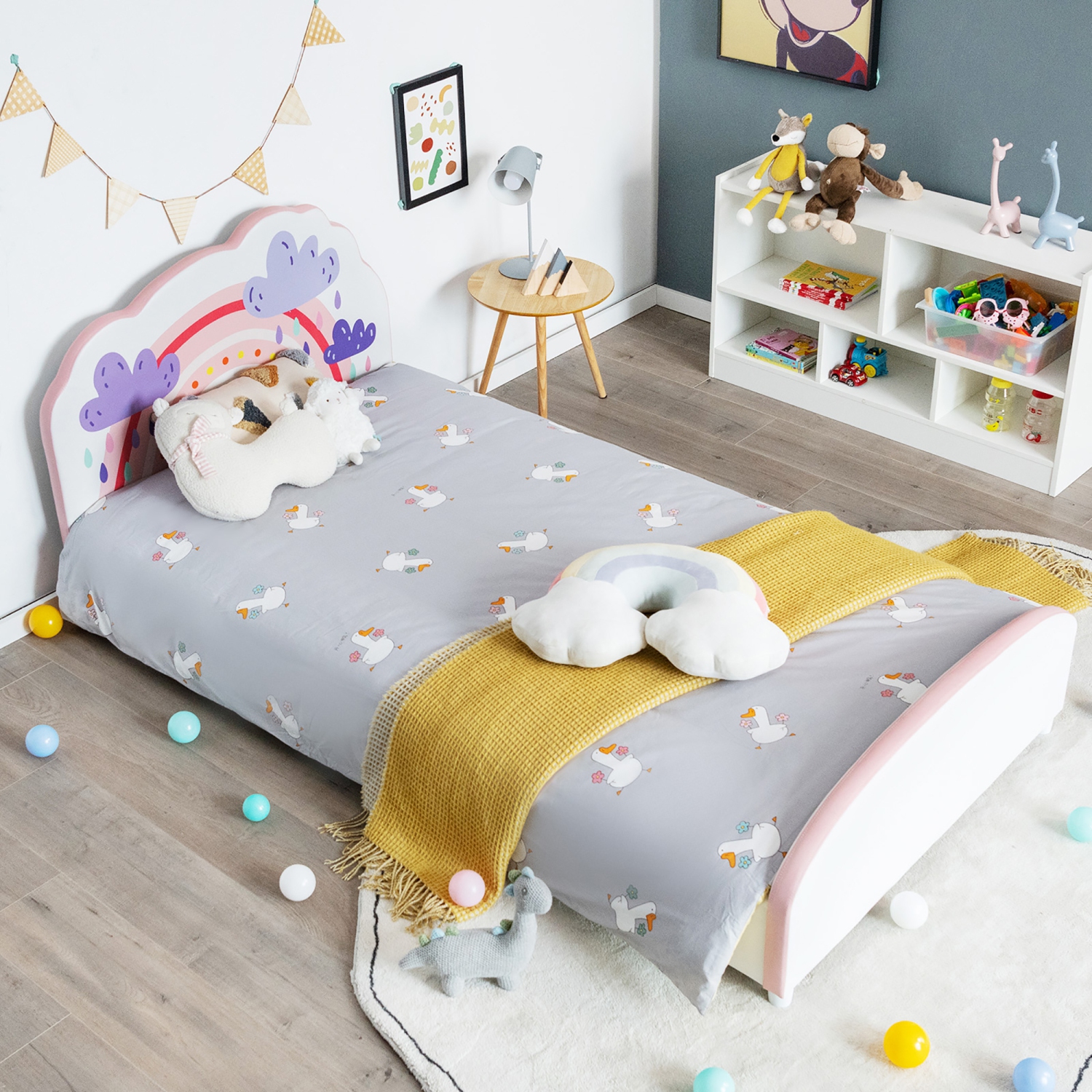 Costway Kids Upholstered Platform Bed Children Twin Size Wooden Bed Rainbow Pattern