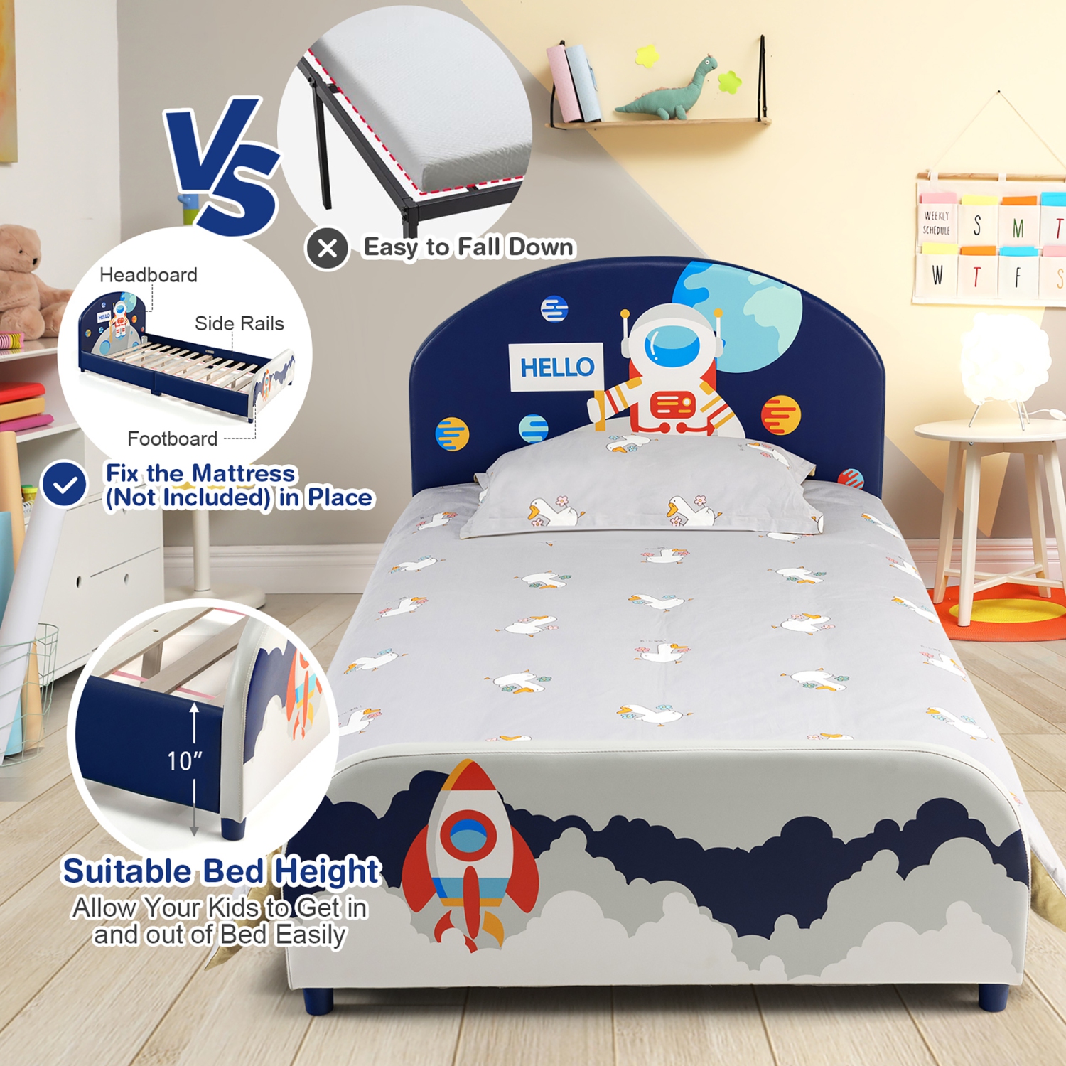 Costway Kids Upholstered Platform Bed Children Twin Size Wooden Bed Astronaut Pattern