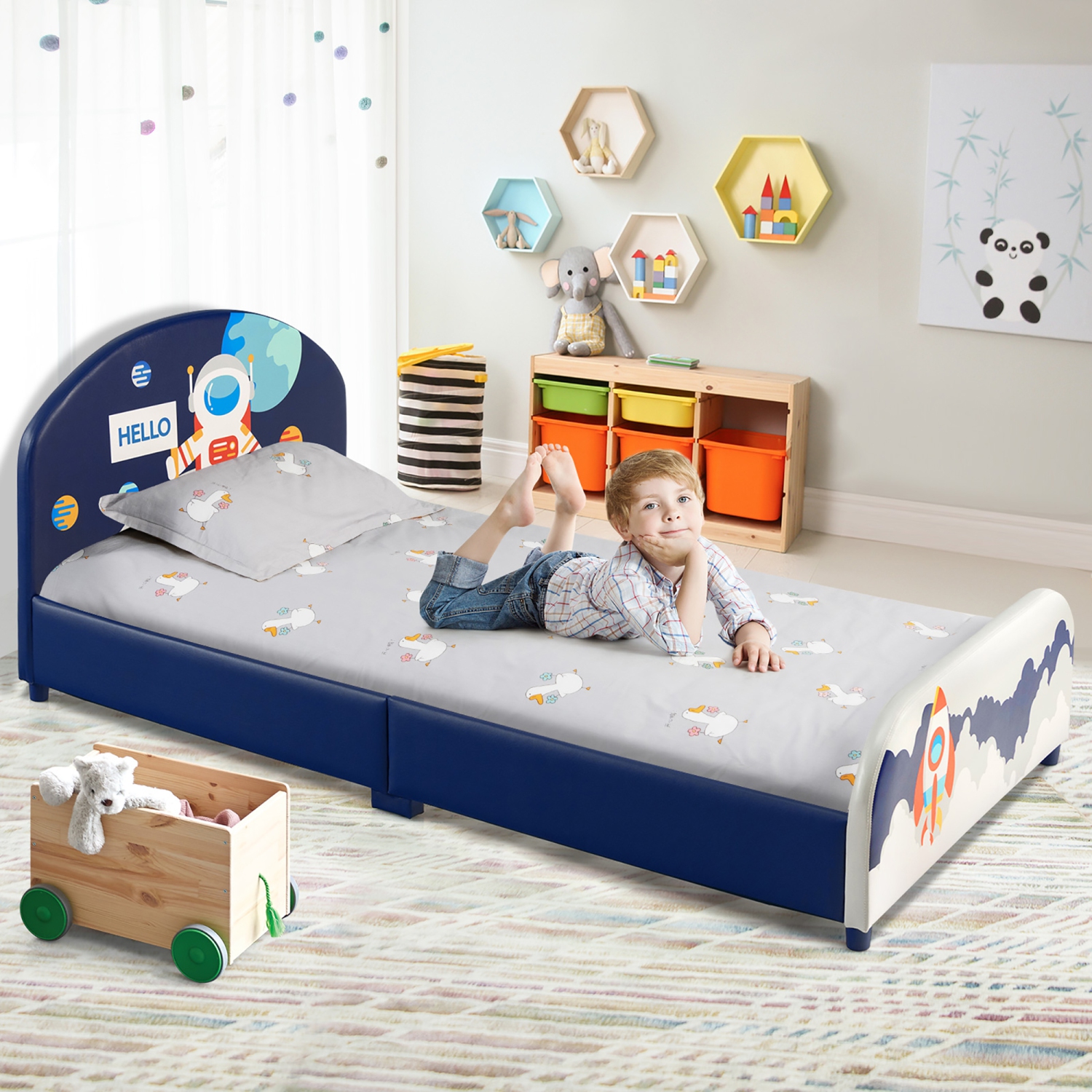 Costway Kids Upholstered Platform Bed Children Twin Size Wooden Bed Astronaut Pattern