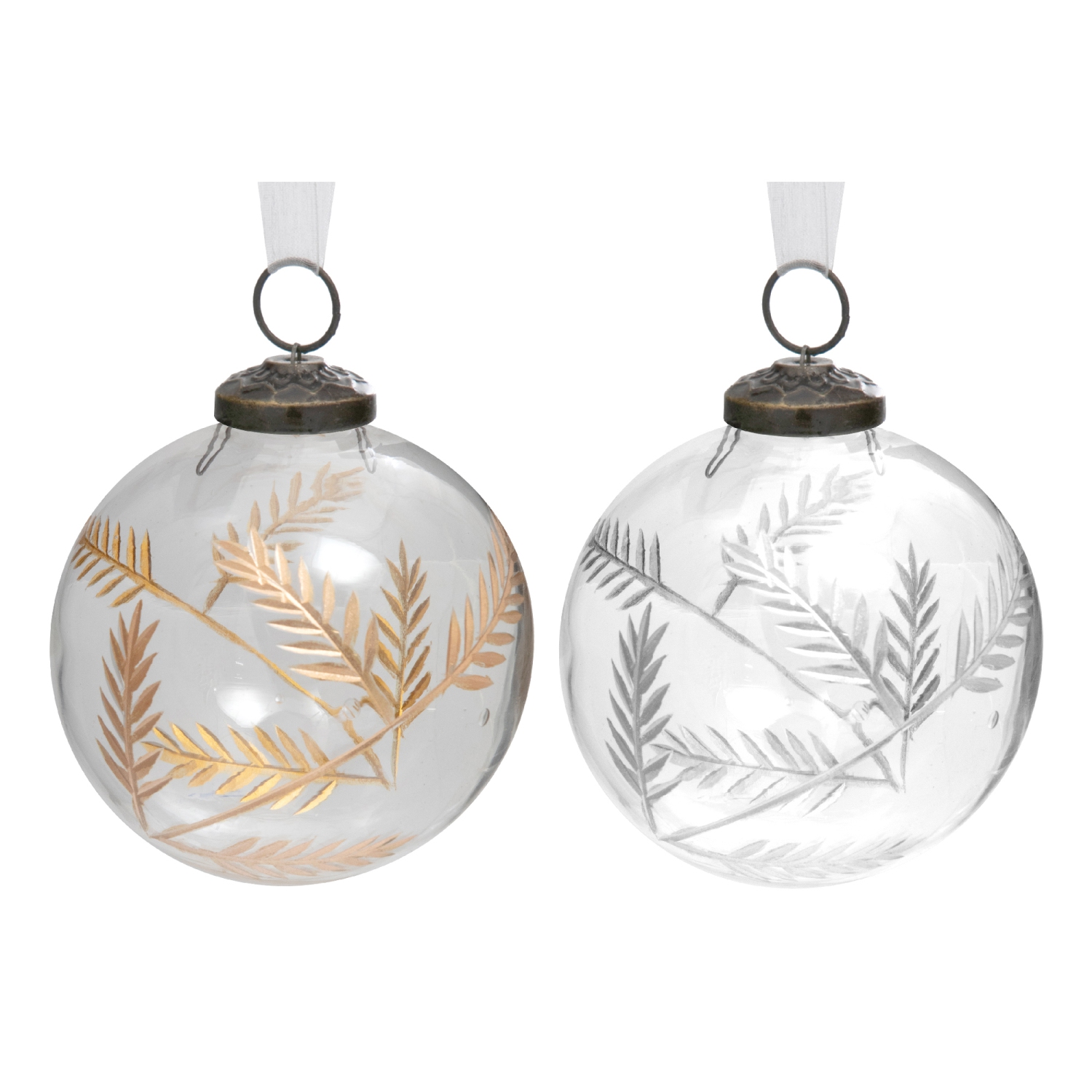 4" Clear Glass Ornament With Leaf Etching - Set of 4