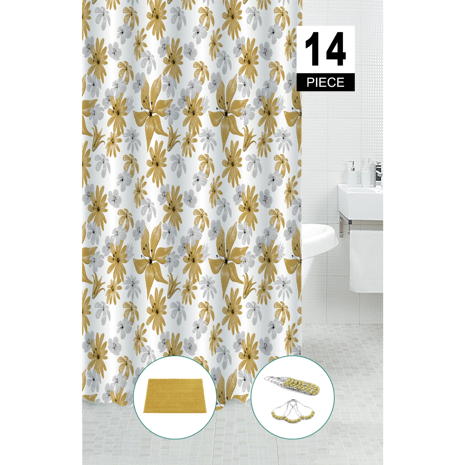 Maison Concepts 14Pc Set Peva S. Curtain + 12 Hooks + Bathmat Honey Mustard