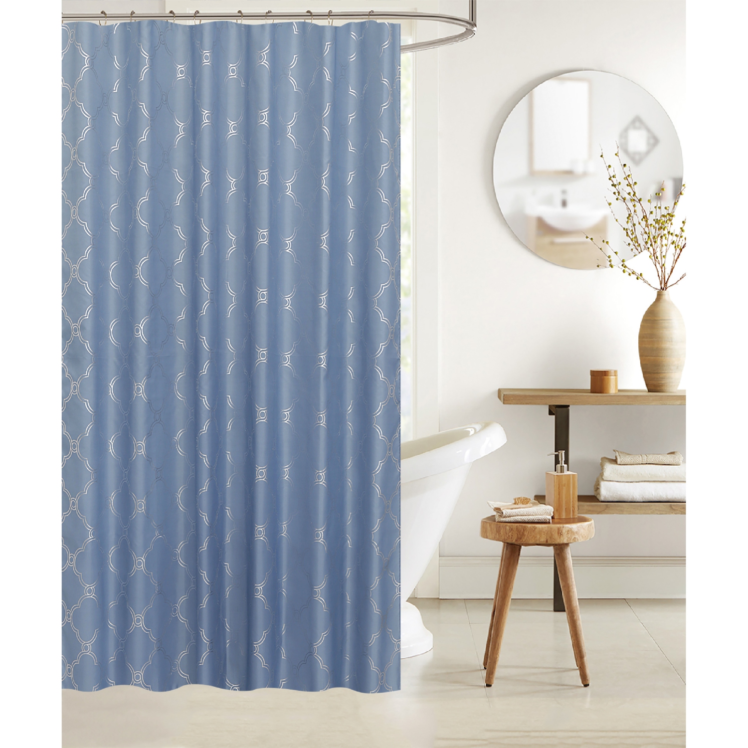 Maison Concepts Polyester Silver Foil Trellis Printed Shower Curtain Blue