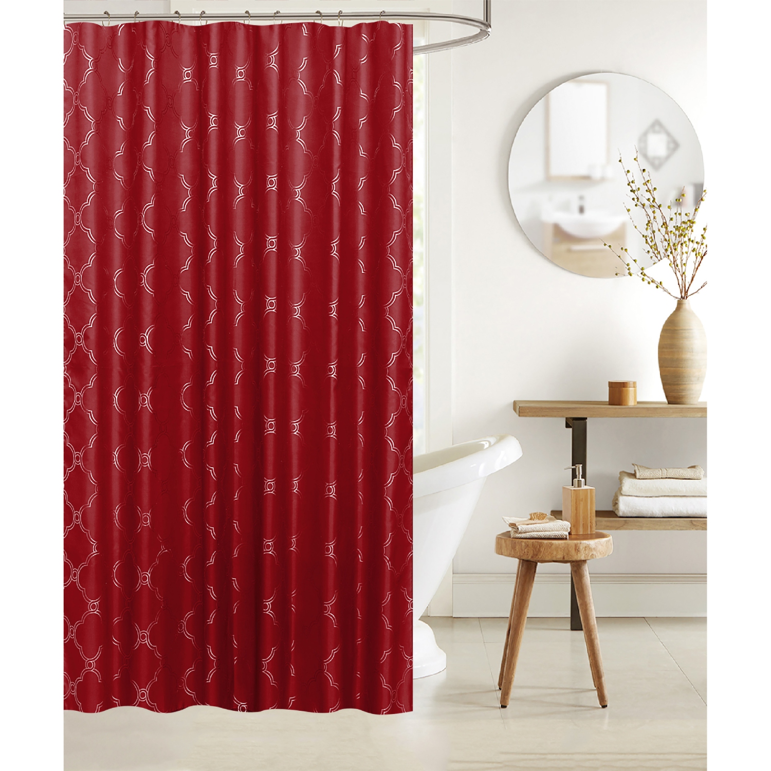 Maison Concepts Polyester Silver Foil Trellis Printed Shower Curtain Red