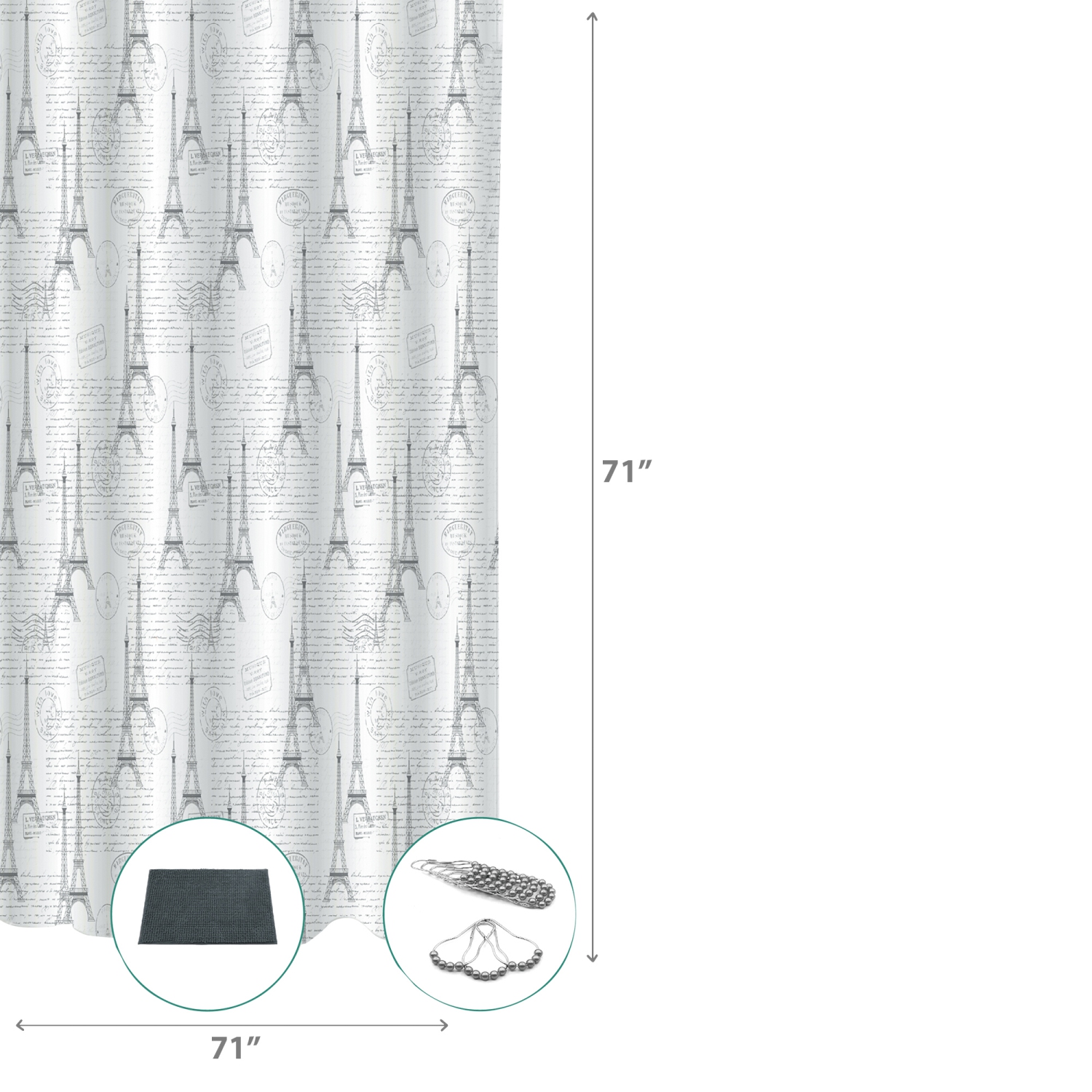 Maison Concepts 14Pc Set Peva S. Curtain + 12 Hooks + Bathmat Paris