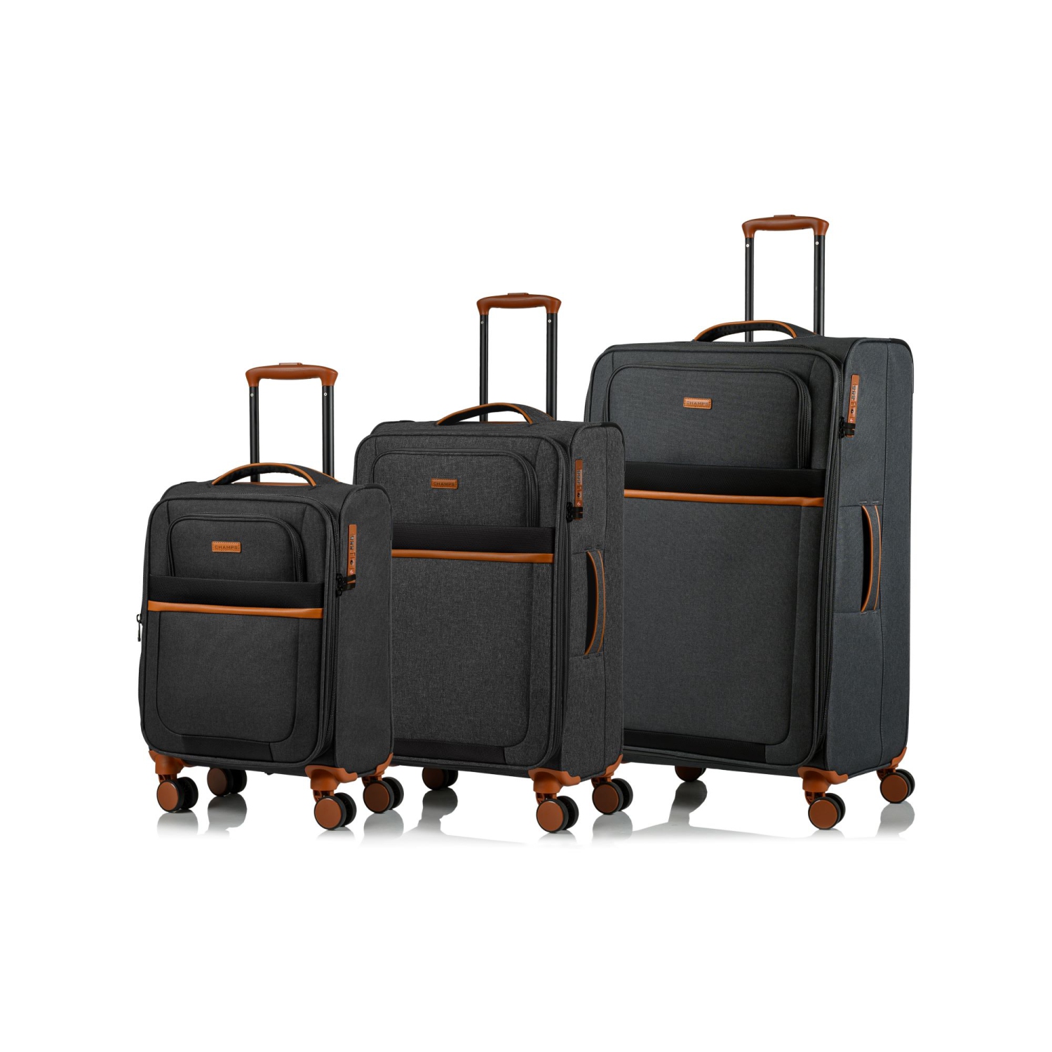 CHAMPS Classic II Collection Ultra-Light 3-Piece Soft Side 8-Wheeled Expandable Luggage Set - Black