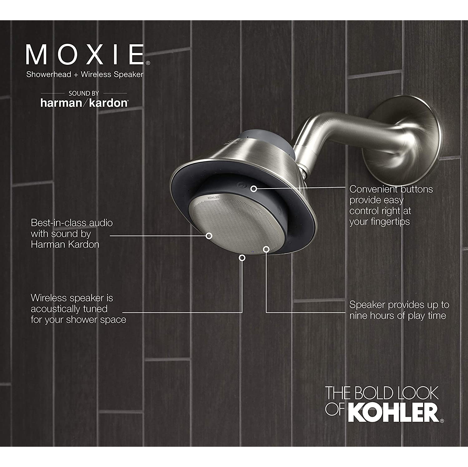 Boîte ouverte - pomme de douche Moxie 1.75 gpm/haut-parleur sans fil rechargeable de Kohler - nickel brossé