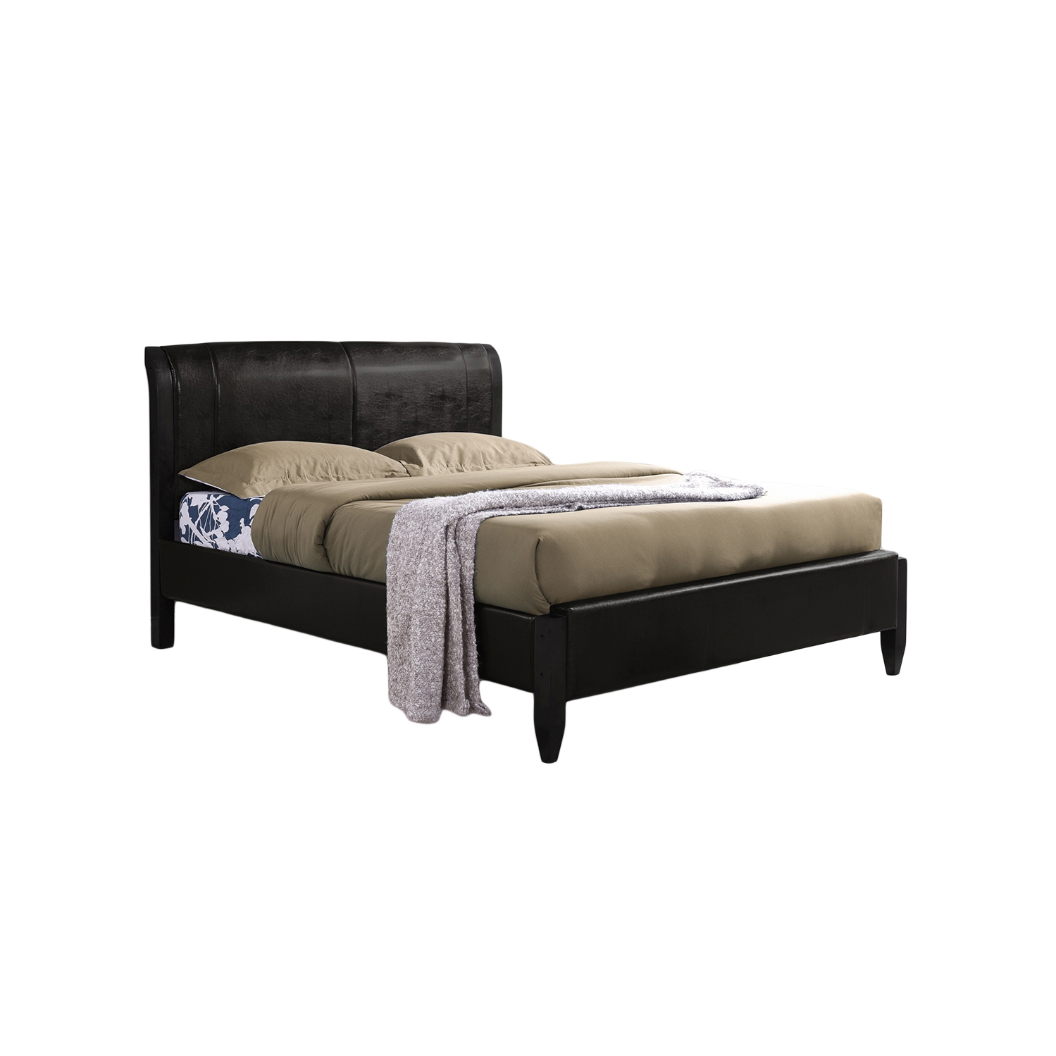 Très grand lit bateau en similicuir brun foncé avec pattes en bois massif