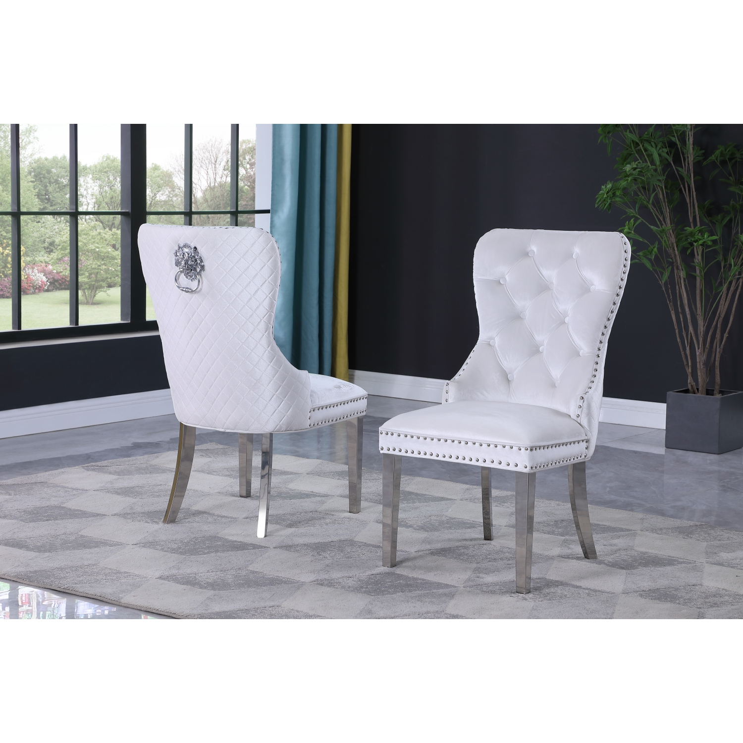 2-Piece Leo Luxury Velvet Dining Chair - White, Lion Back Knocker, Tufted Upholstered Silver Legs and Finish