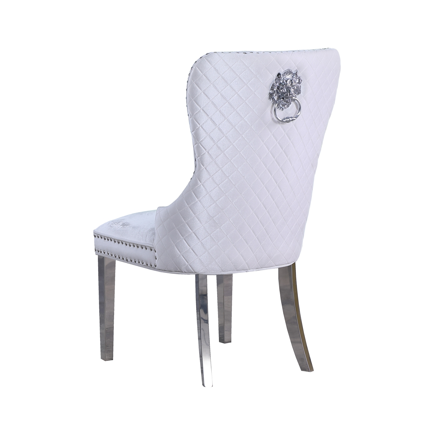 2-Piece Leo Luxury Velvet Dining Chair - White, Lion Back Knocker, Tufted Upholstered Silver Legs and Finish