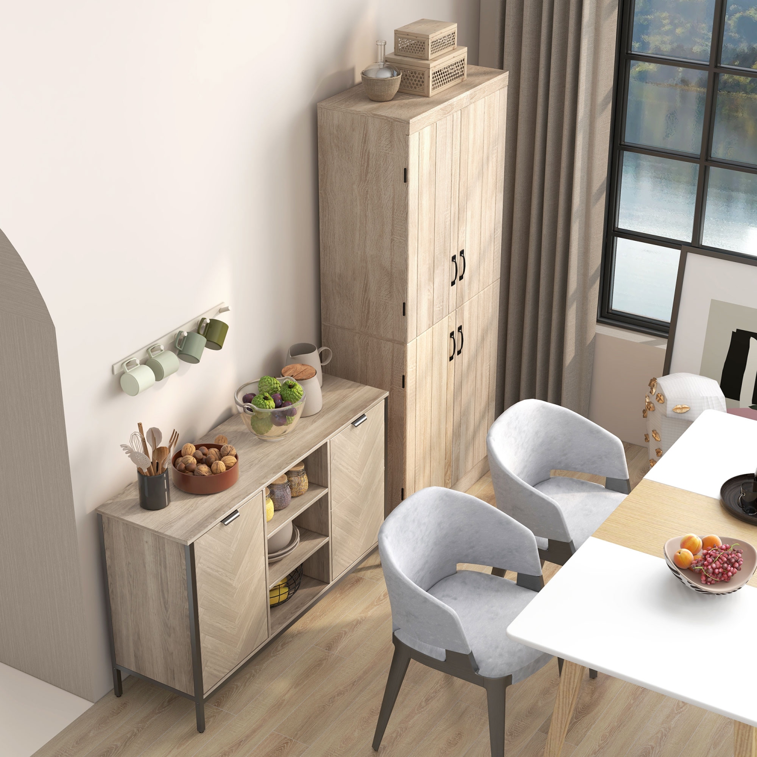 HOMCOM – Armoire garde-manger de 70&nbsp;po, armoire de rangement autonome à 4 portes, garde-manger à 6 niveaux pour salon, naturel