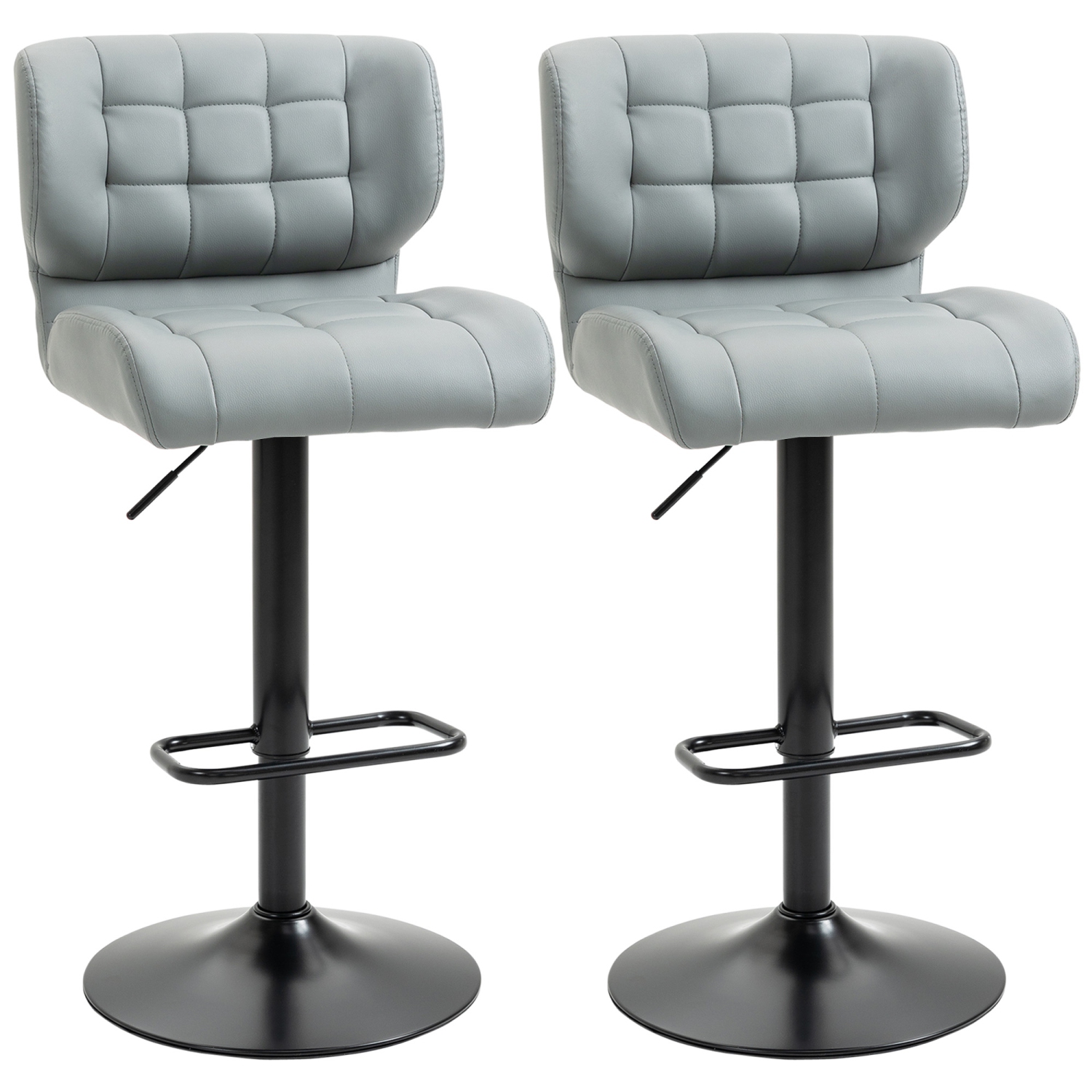 HOMCOM Adjustable Bar Stools Set of 2, Swivel Tufted PU Leather Barstools with Footrest, Back and Large Base, Upholstered Bar Chairs for Kitchen