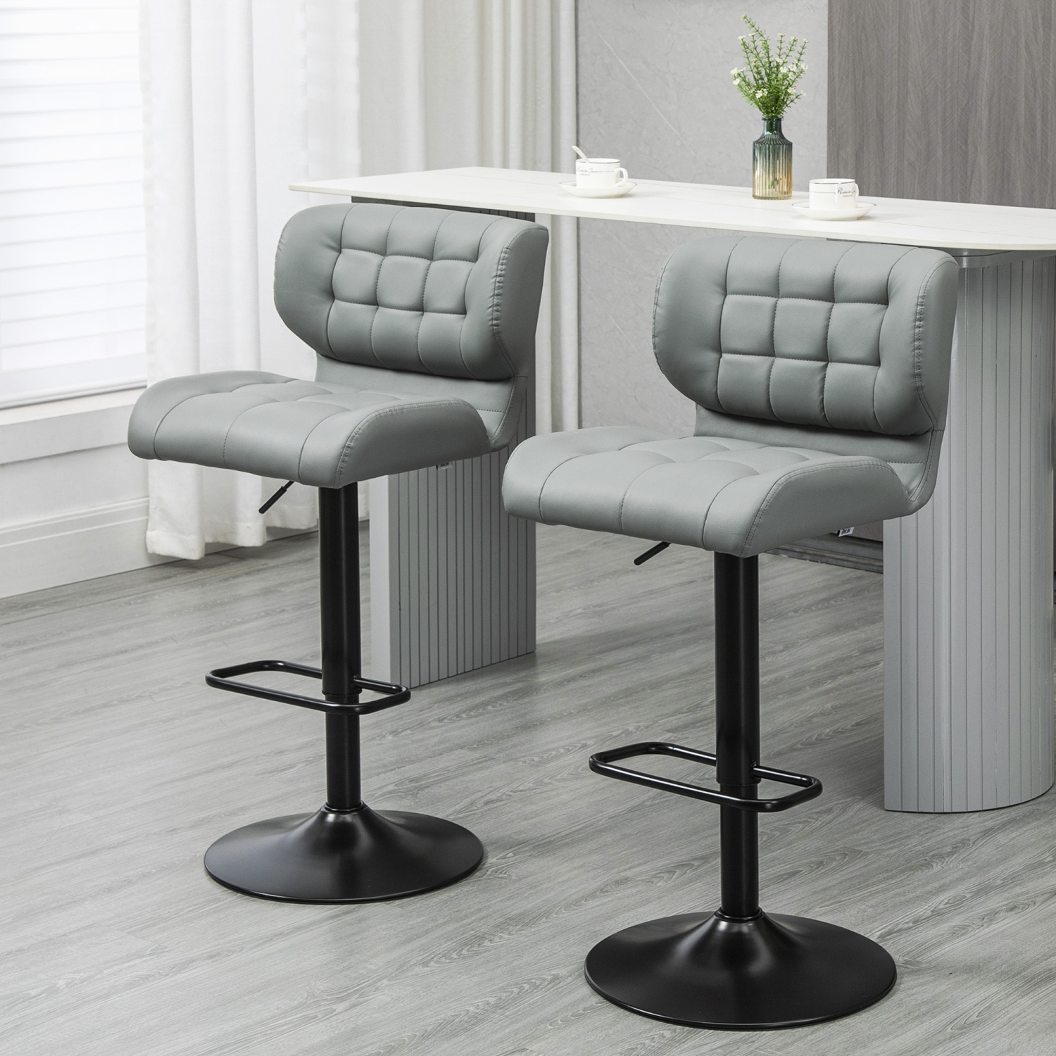 HOMCOM Adjustable Bar Stools Set of 2, Swivel Tufted PU Leather Barstools with Footrest, Back and Large Base, Upholstered Bar Chairs for Kitchen