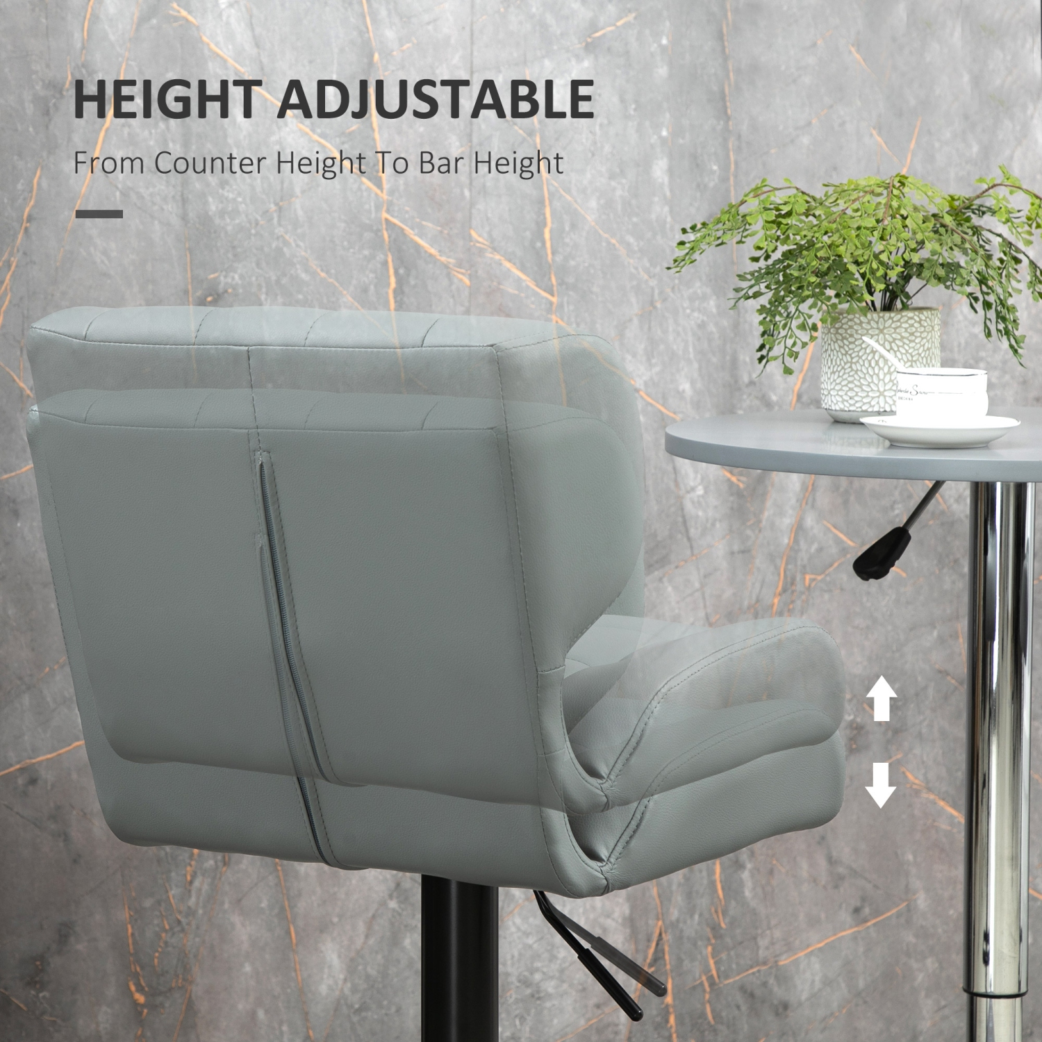 HOMCOM Adjustable Bar Stools Set of 2, Swivel Tufted PU Leather Barstools with Footrest, Back and Large Base, Upholstered Bar Chairs for Kitchen