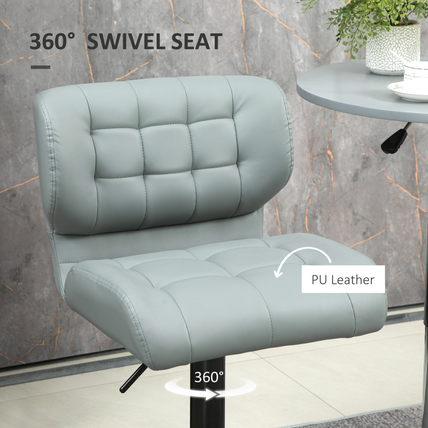 HOMCOM Adjustable Bar Stools Set of 2, Swivel Tufted PU Leather Barstools with Footrest, Back and Large Base, Upholstered Bar Chairs for Kitchen