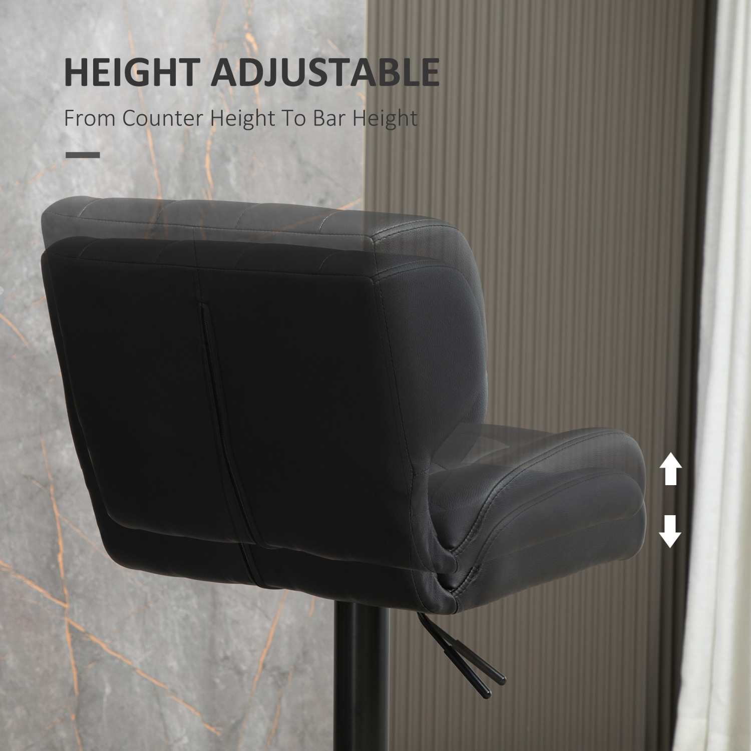 HOMCOM Adjustable Bar Stools Set of 2, Swivel Tufted PU Leather Barstools with Footrest, Back and Large Base, Upholstered Bar Chairs for Kitchen