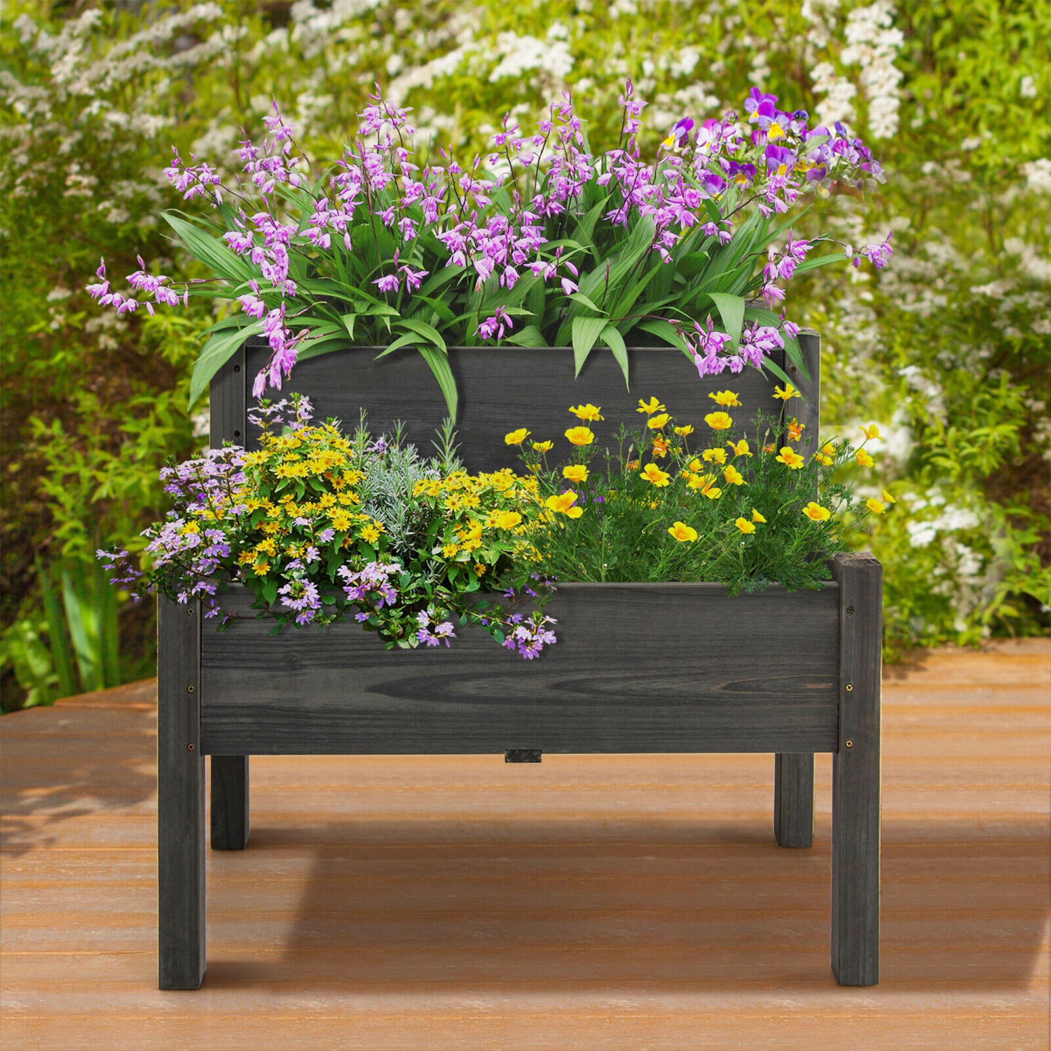 Gymax 2 Tier Wooden Raised Garden Bed Elevated Planter Box w/ Legs Drain Holes