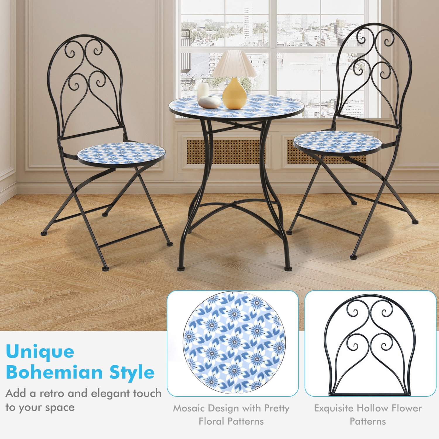 Gymax Set of 2 Folding Patio Bistro Chairs Mosaic Chairs Outdoor Dining Chairs