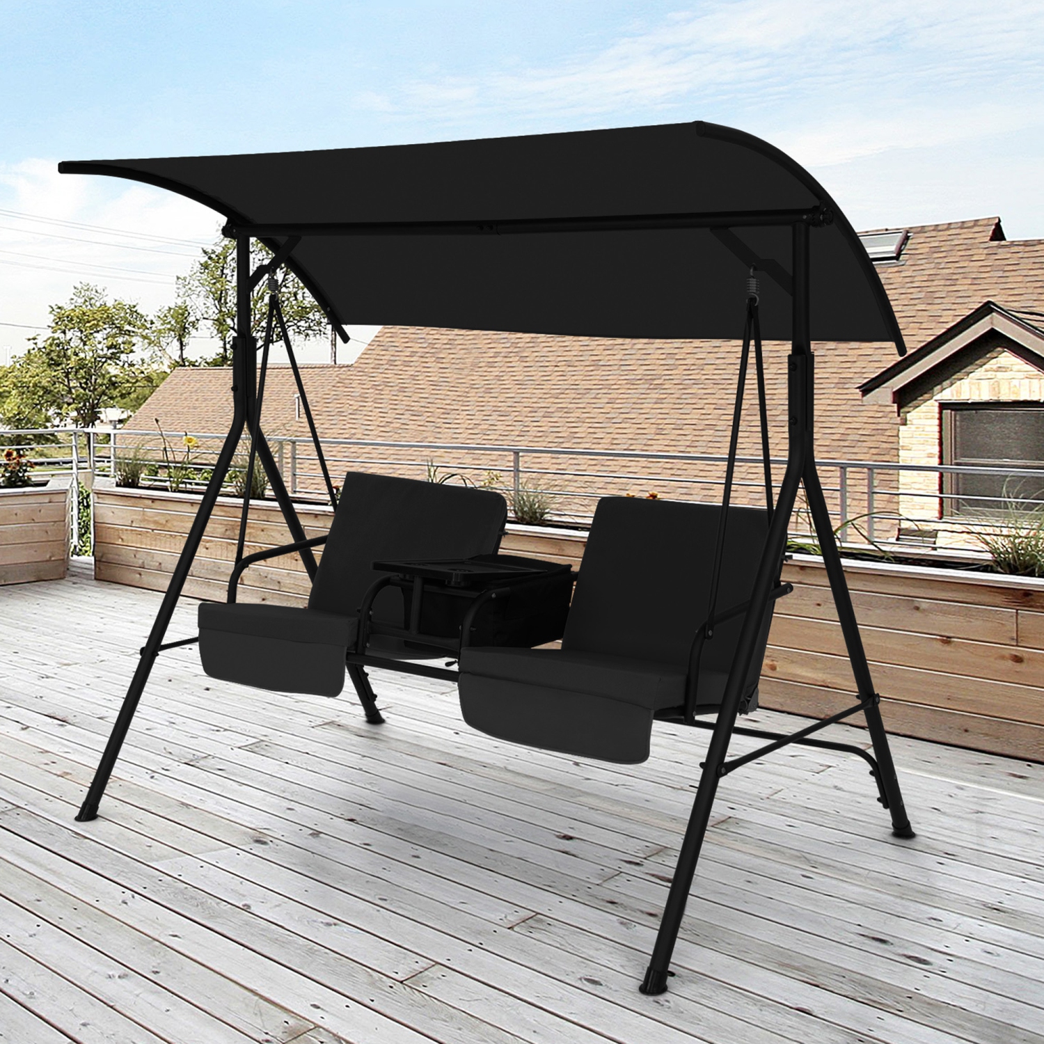 Gymax 2-Person Canopy Porch Swing Padded Chair Cooler Bag Rotatable Tray