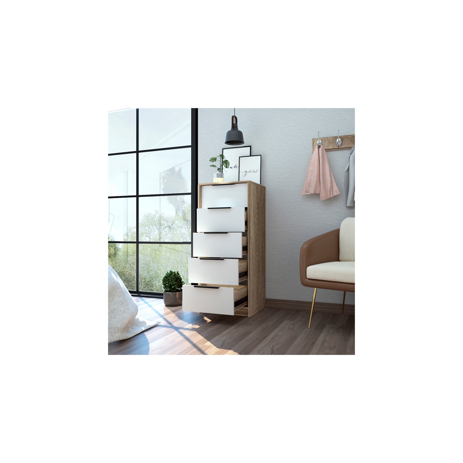 TUHOME Kaia 5 Drawer Dresser Engineered Wood Dressers in Multi-color