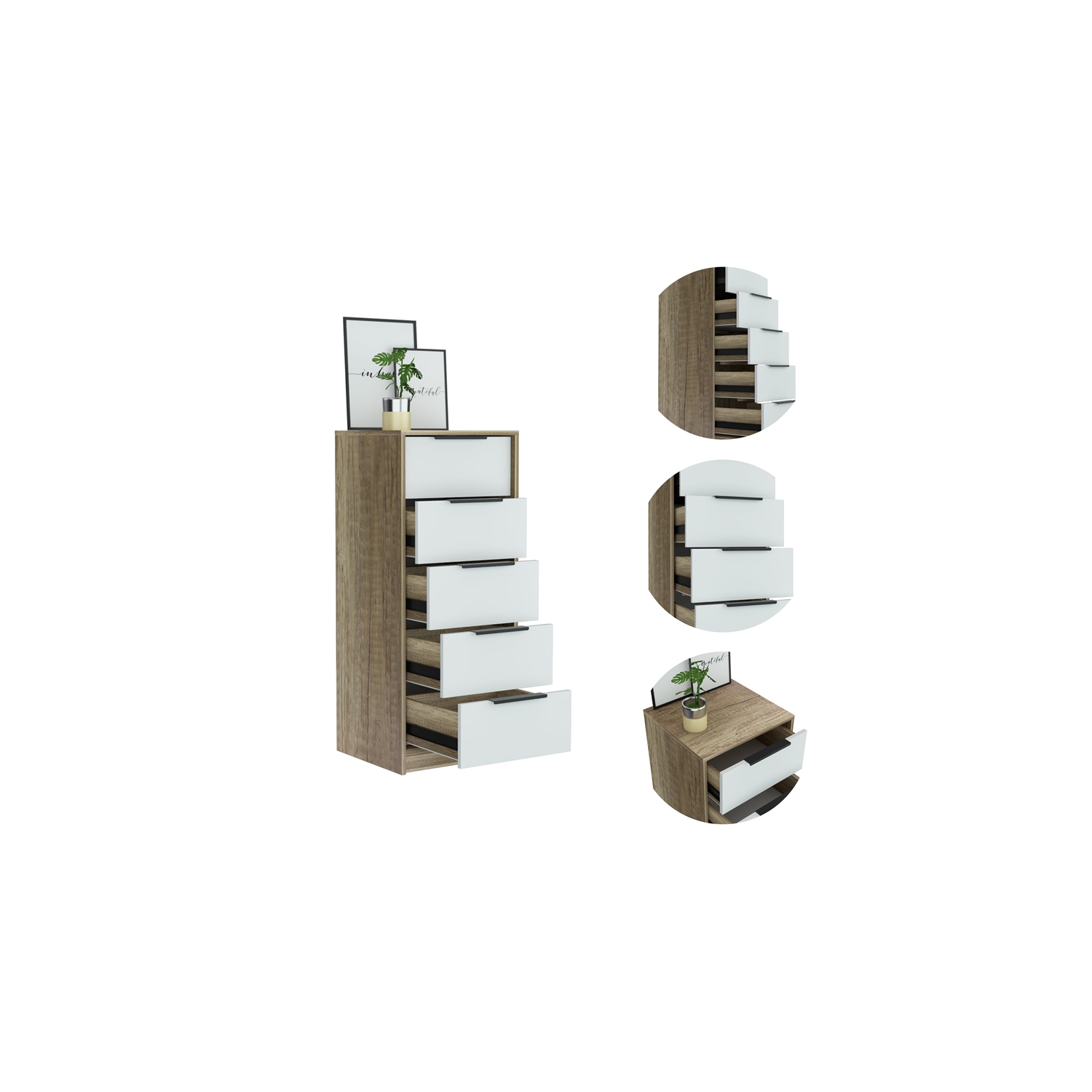 TUHOME Kaia 5 Drawer Dresser Engineered Wood Dressers in Multi-color